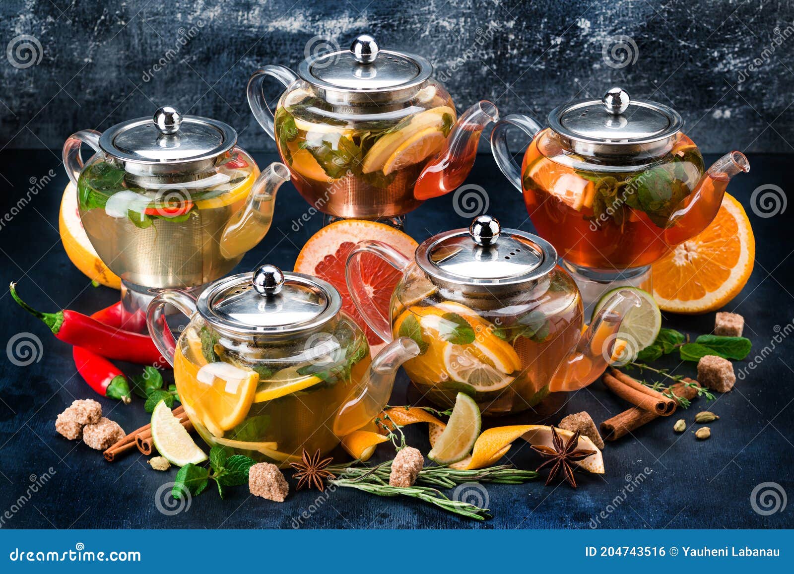 Five Brewed Teas in Teapots Collection Stock Photo Image of beverage