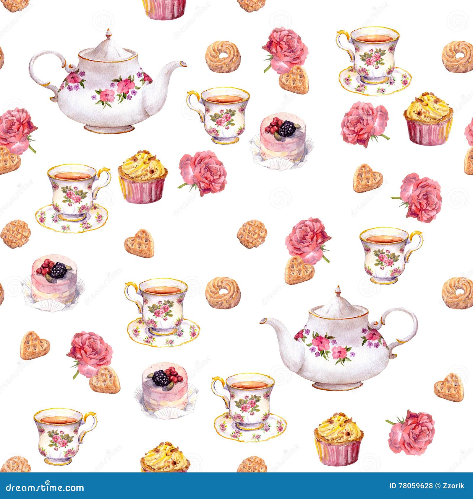 teatime - teapot, tea cup, cakes, flowers. seamless pattern. watercolor