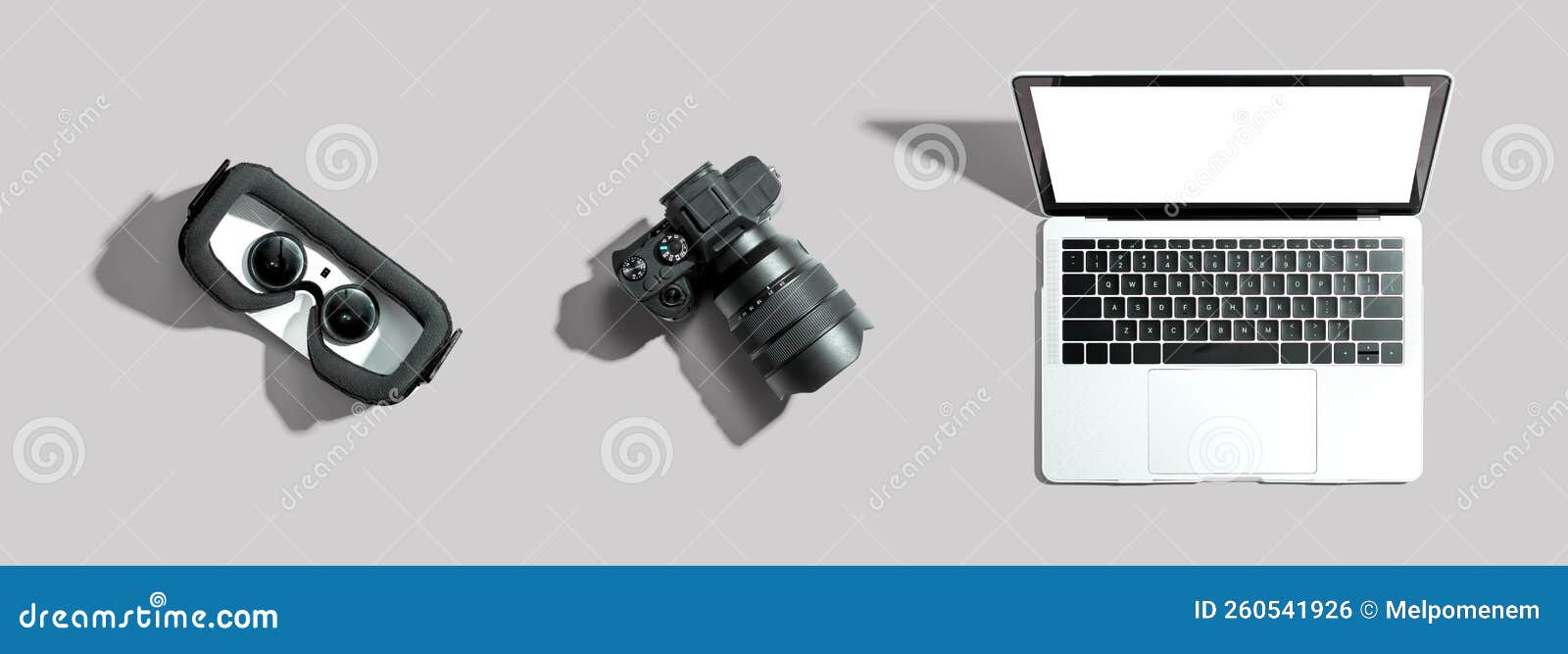 Tech Gear Theme with Vr Headset, Dslr Camera and Laptop Stock Photo