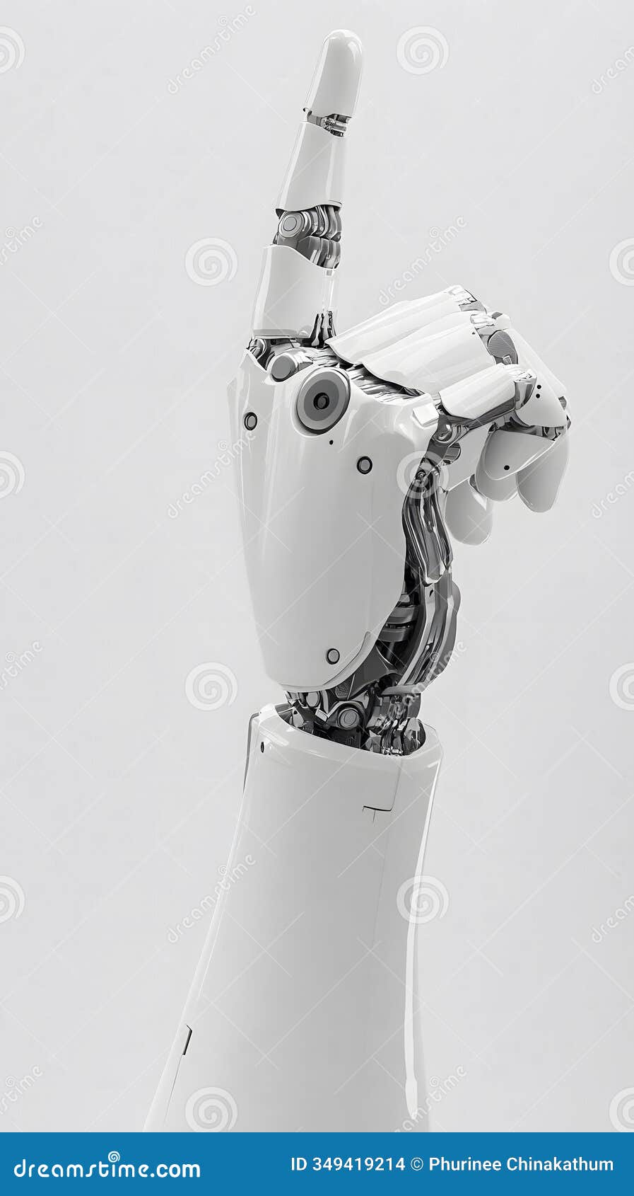 techstyle marketing poster featuring a white mechanical hand pointing upwards against an  white background