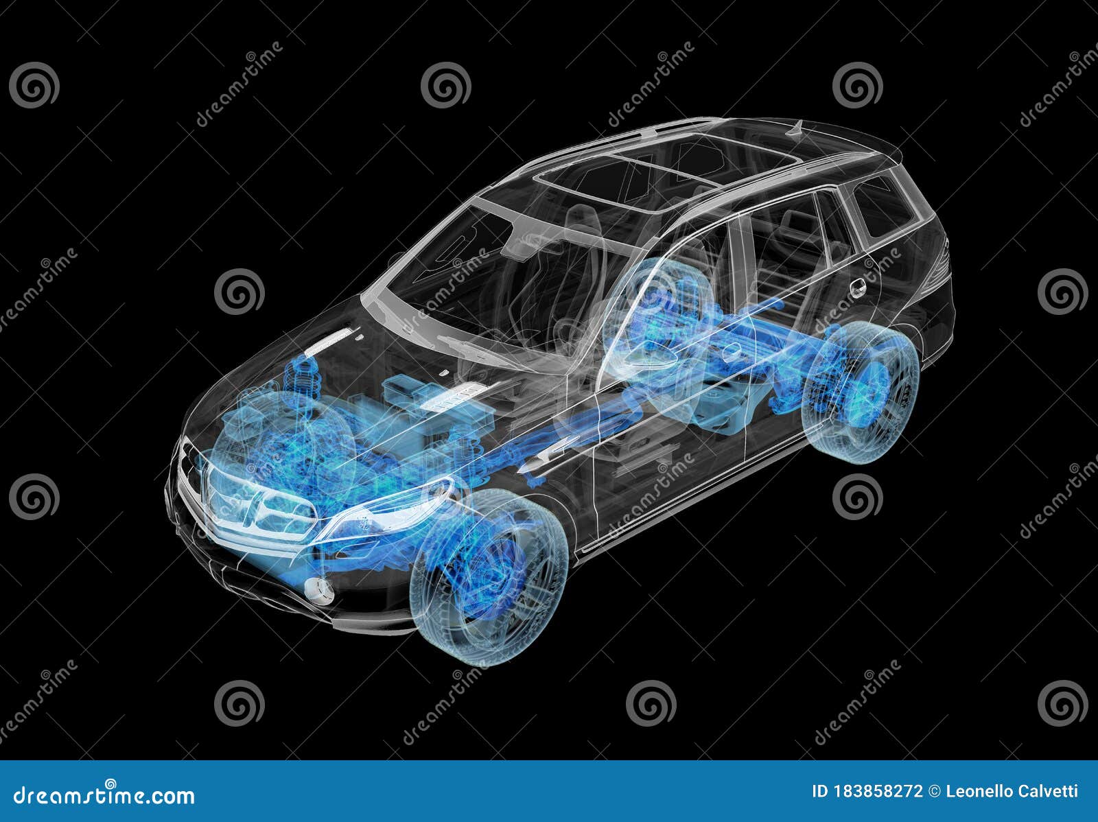 technical 3d  of suv car with x-ray effect and powertrain system