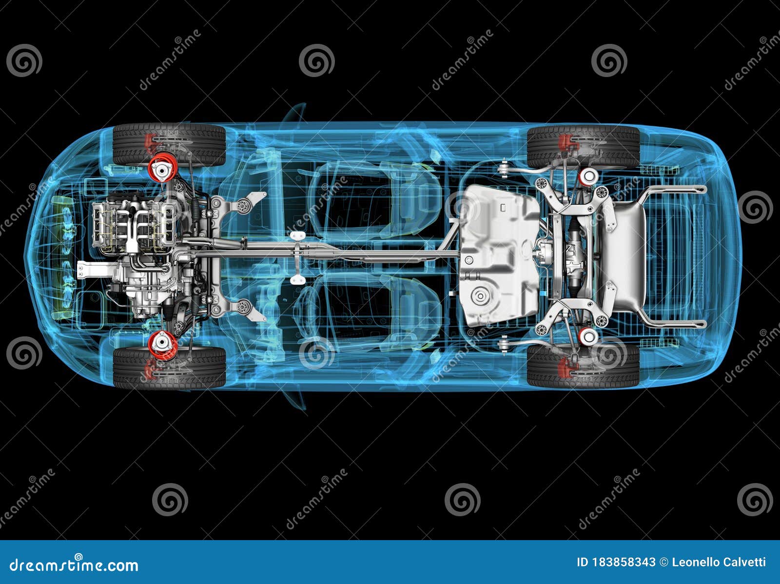 technical 3d  of suv car with x-ray effect and powertrain system