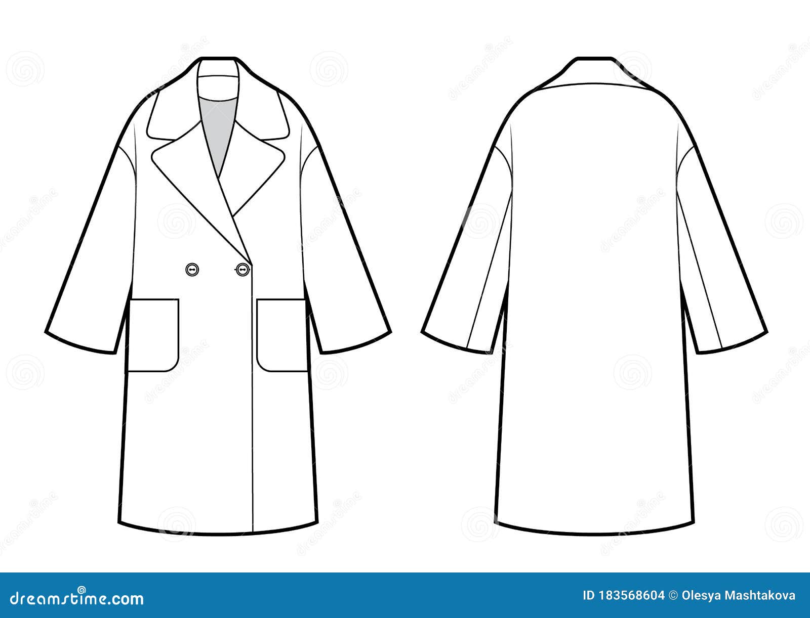Long sleeve knee length coat jacket technical drawing fashion flat sketch  vector illustration template front and back 23365726 Vector Art at Vecteezy