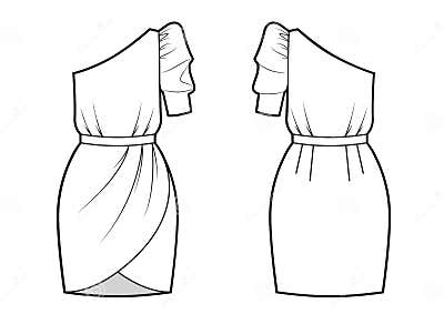 Technical Drawing of Evening Dress with One Sleeve. Front and Back ...