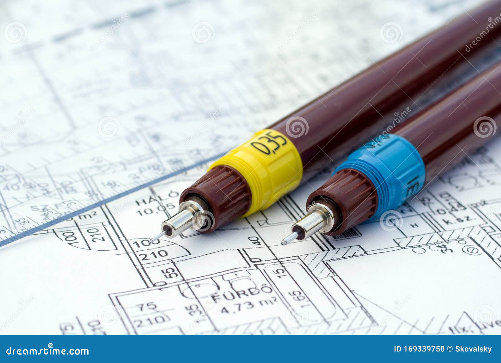 Technical Drawing Pens on a Floor Plan Stock Photo Image of white