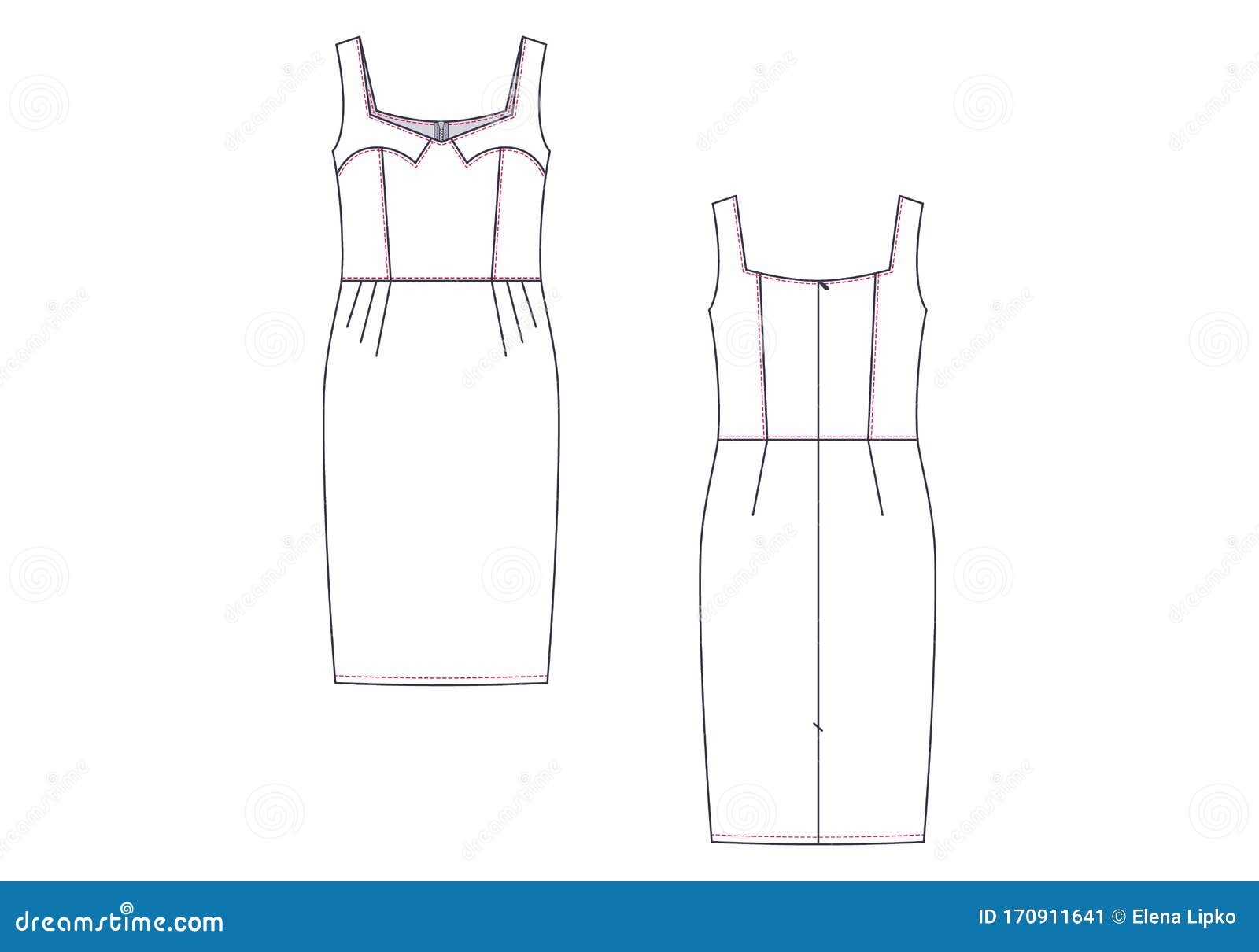 Vector Fashion Technical Sketch of Women Middle Sundress Stock Vector ...