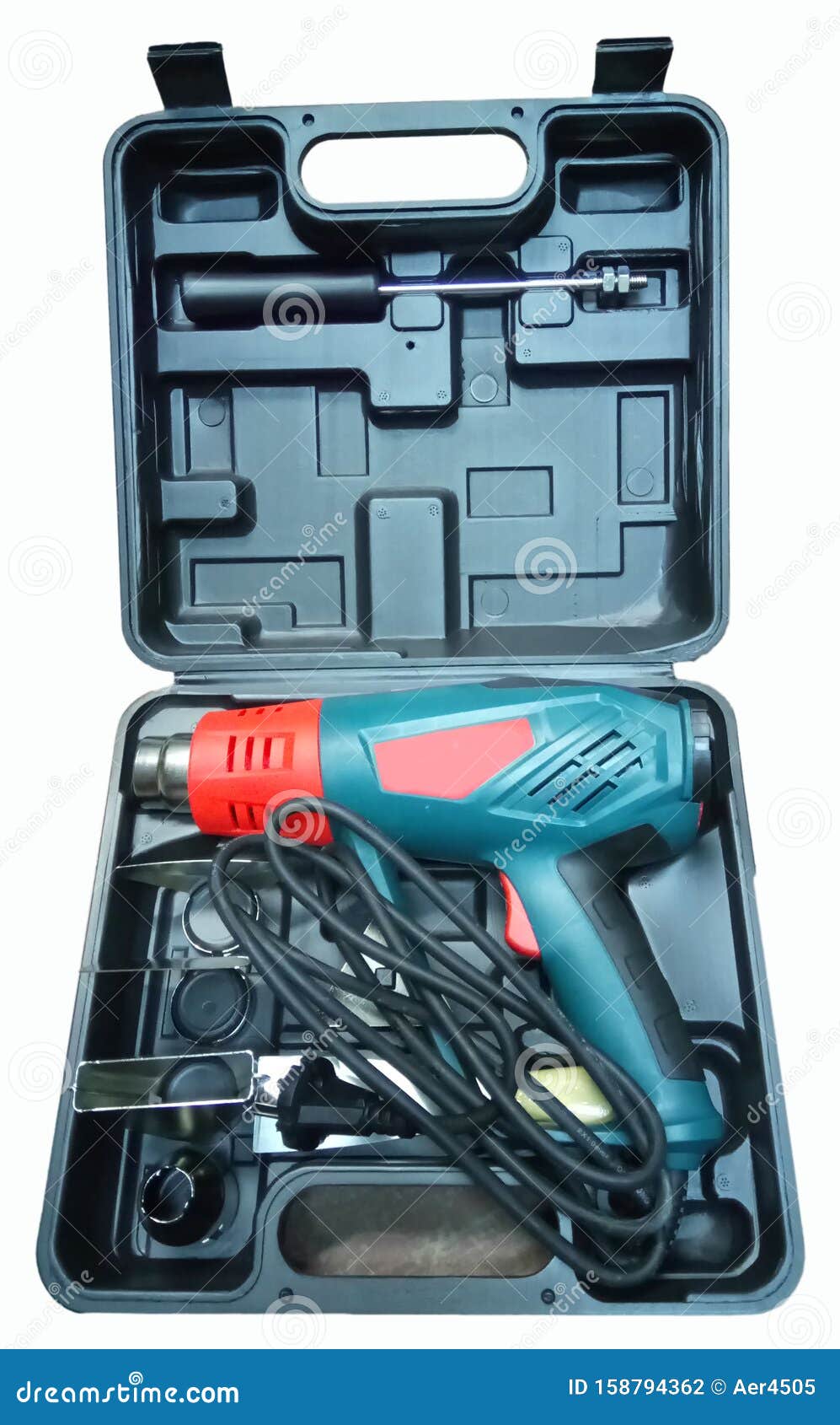 Technical Heat Gun with a Set of Nozzles in the Case Stock Photo