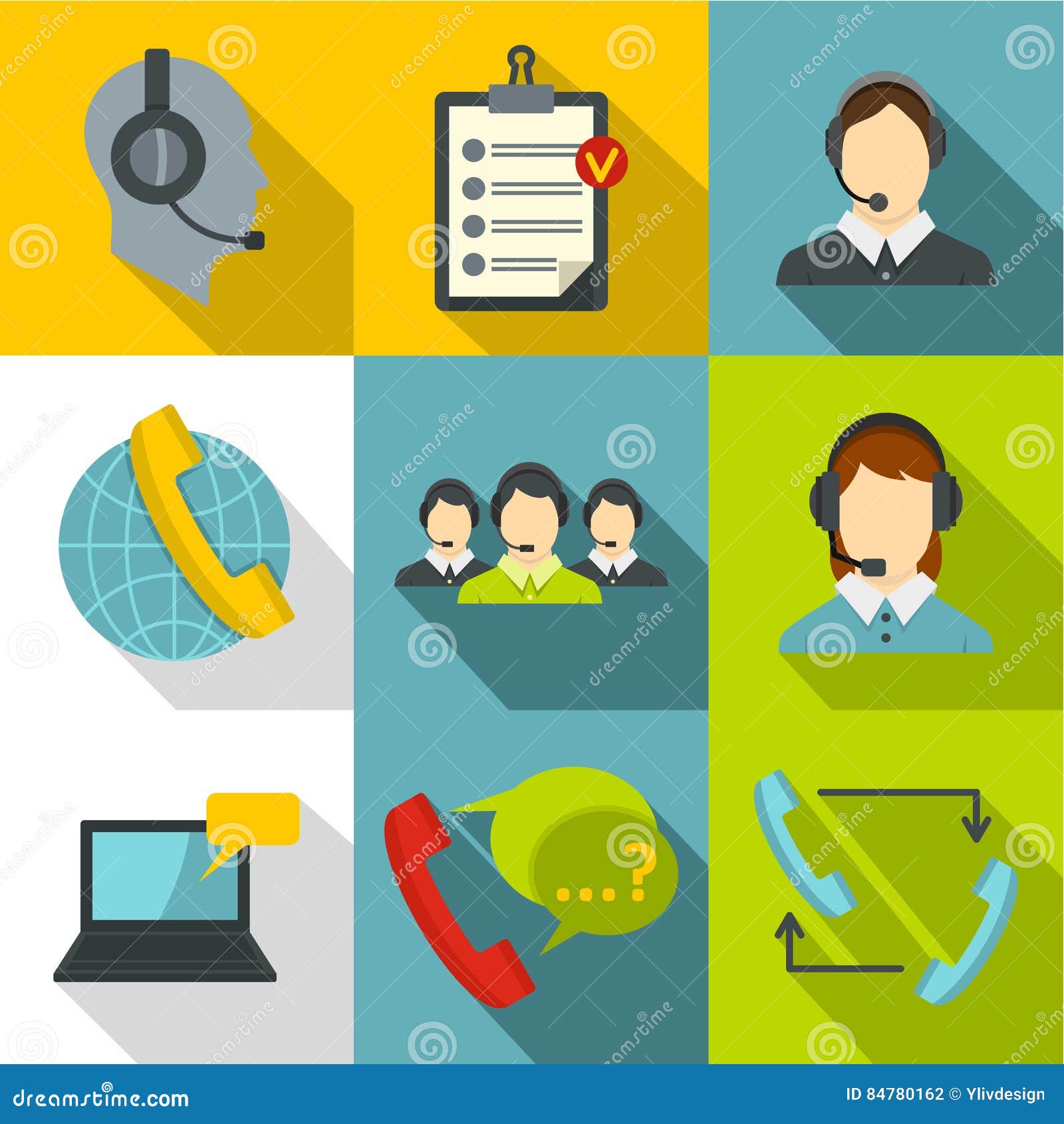 Technical Support Icons Set, Flat Style Stock Vector Illustration of connection, headphones