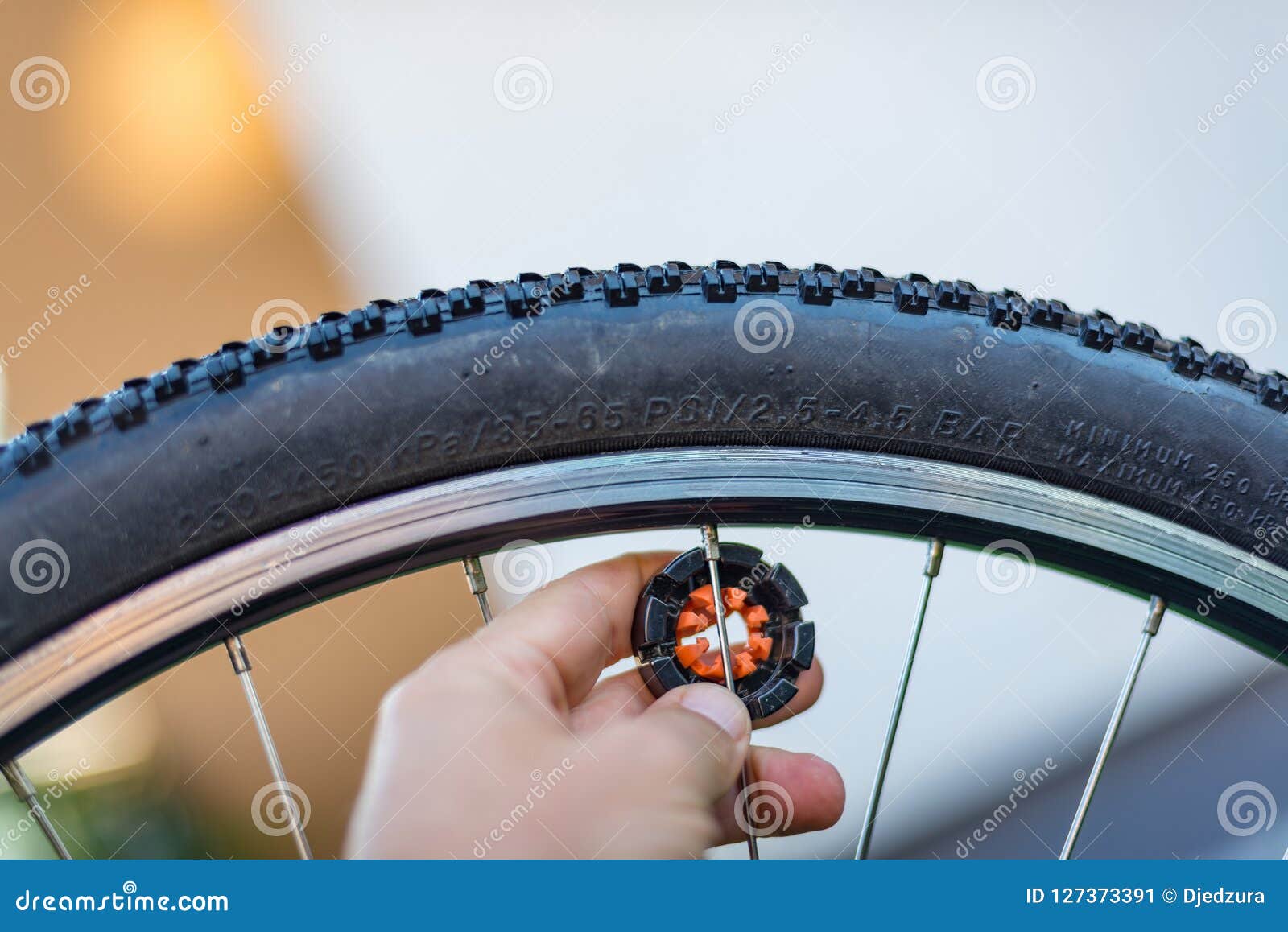 Technician Centering Bike Wheel with Dedicated Spoke Wrench Stock Image