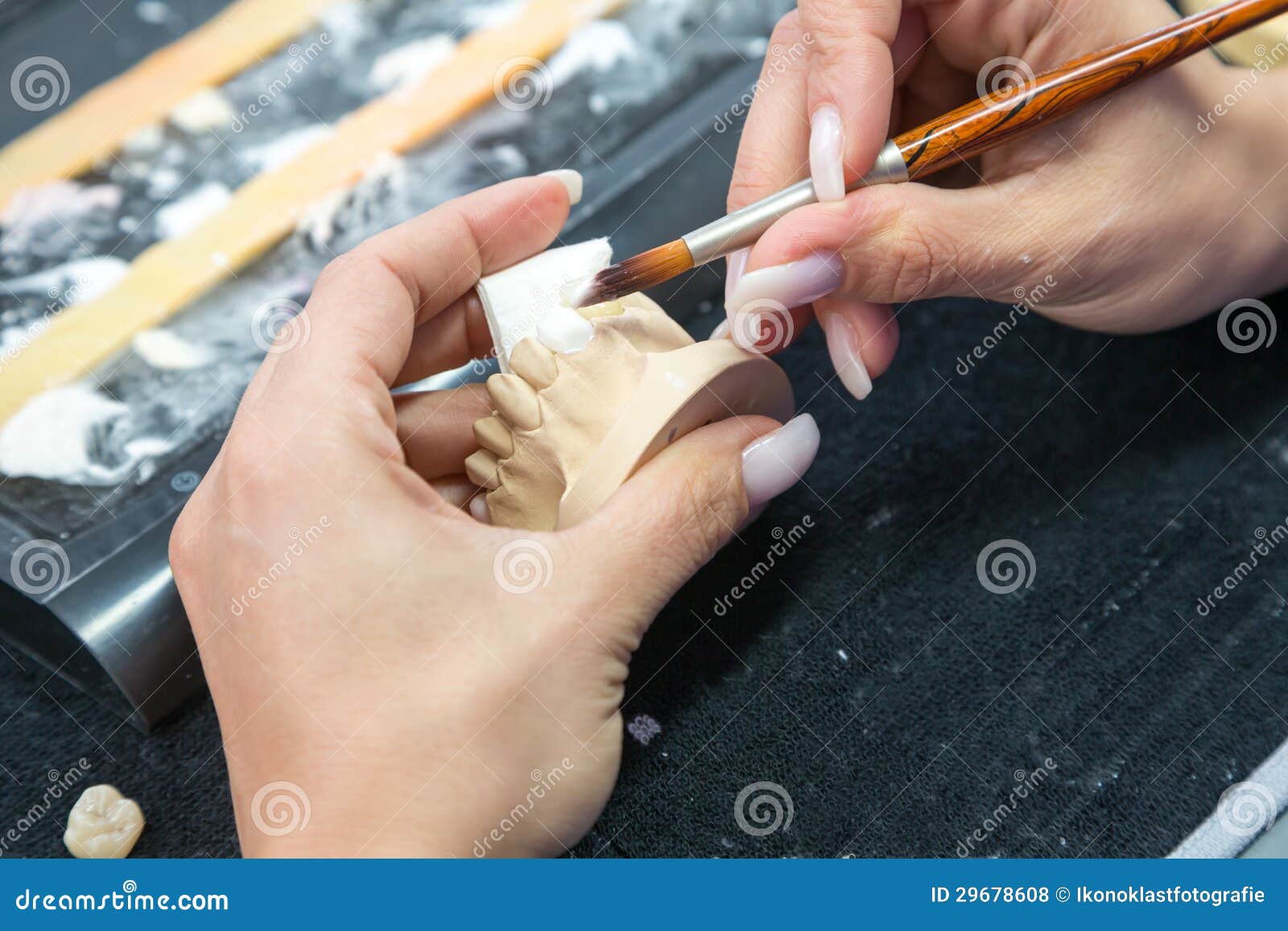 Technician in a Dental Laboratory Applying Ceramics To a Prosthesis