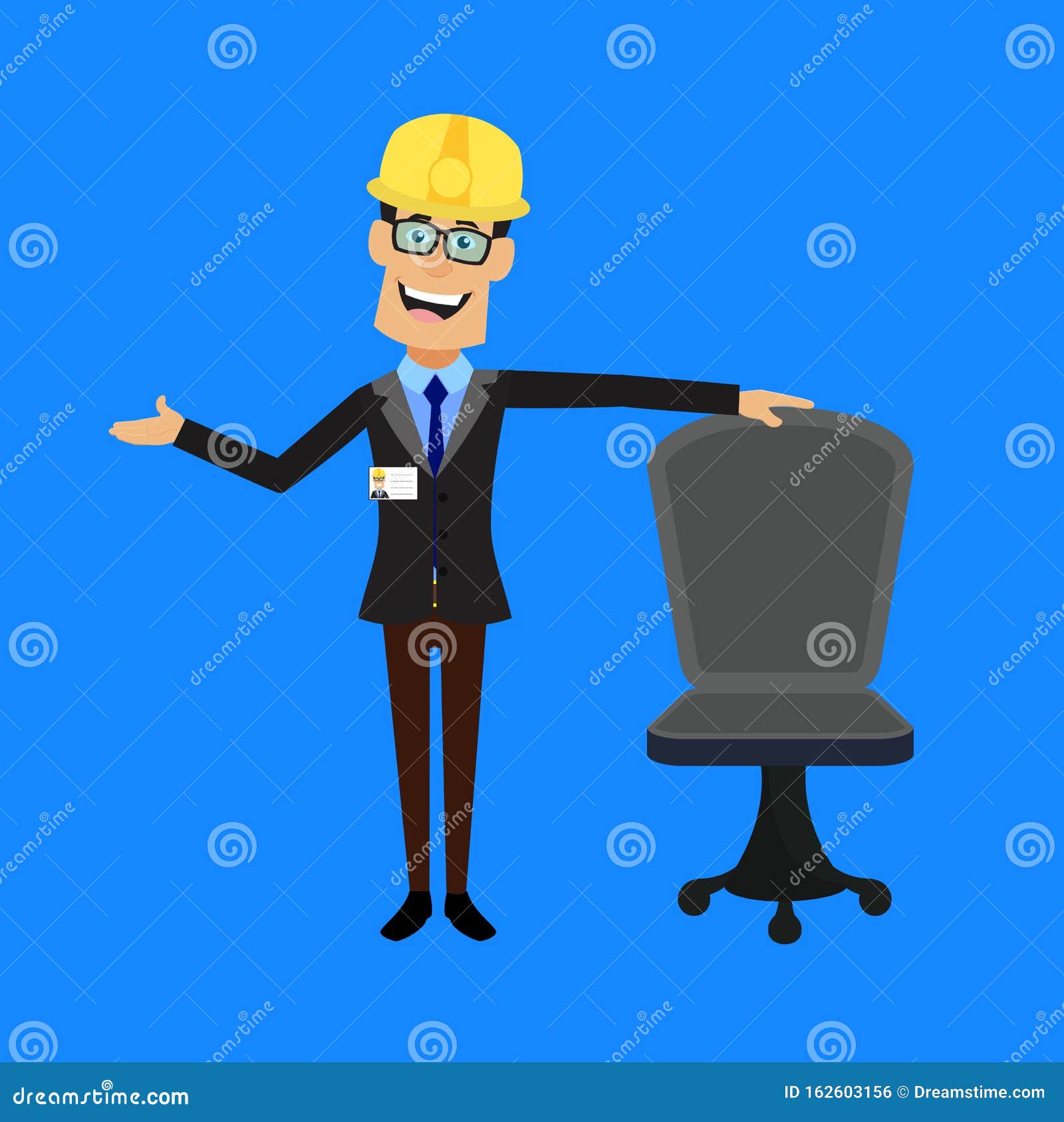 Technician Engineer Worker Standing with Chair and Gesturing with