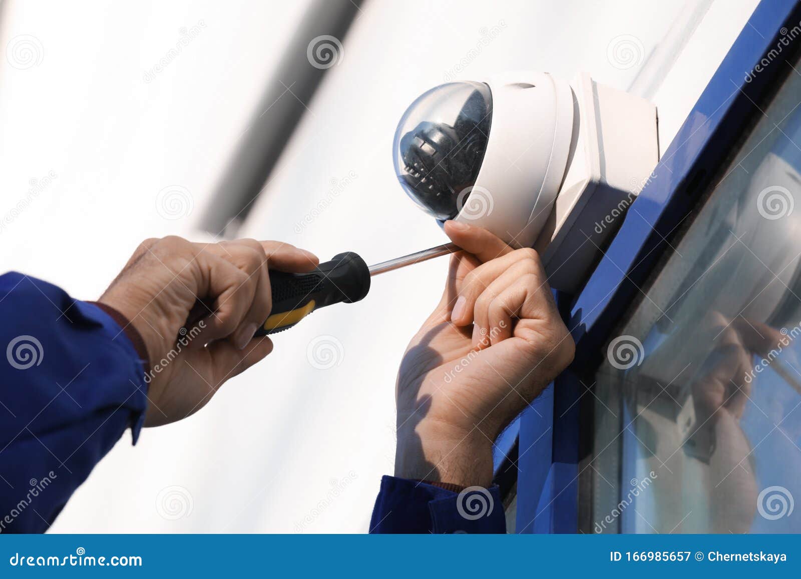 Technician Installing CCTV Camera on Wall Outdoors Stock Image Image