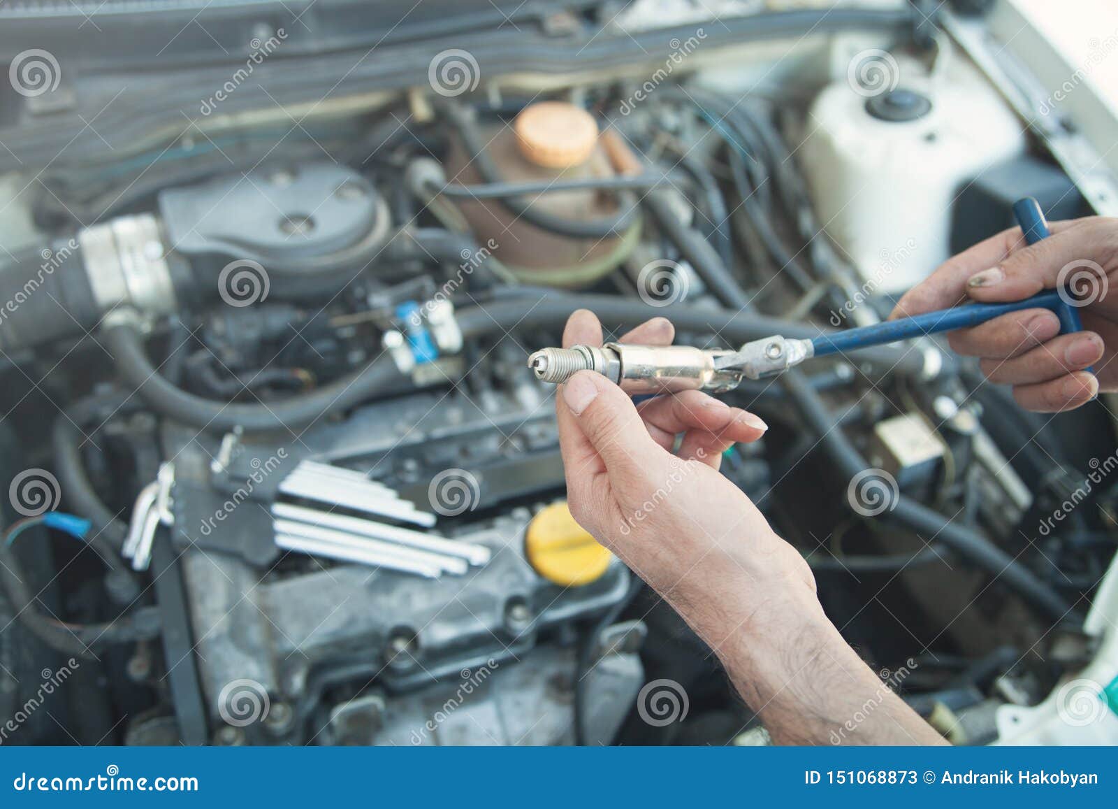 Technician Installing New Candle in Car Engine Stock Image Image of