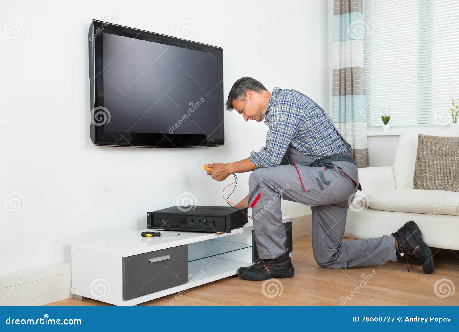 Technician Installing TV Set Top Box at Home Stock Image Image of