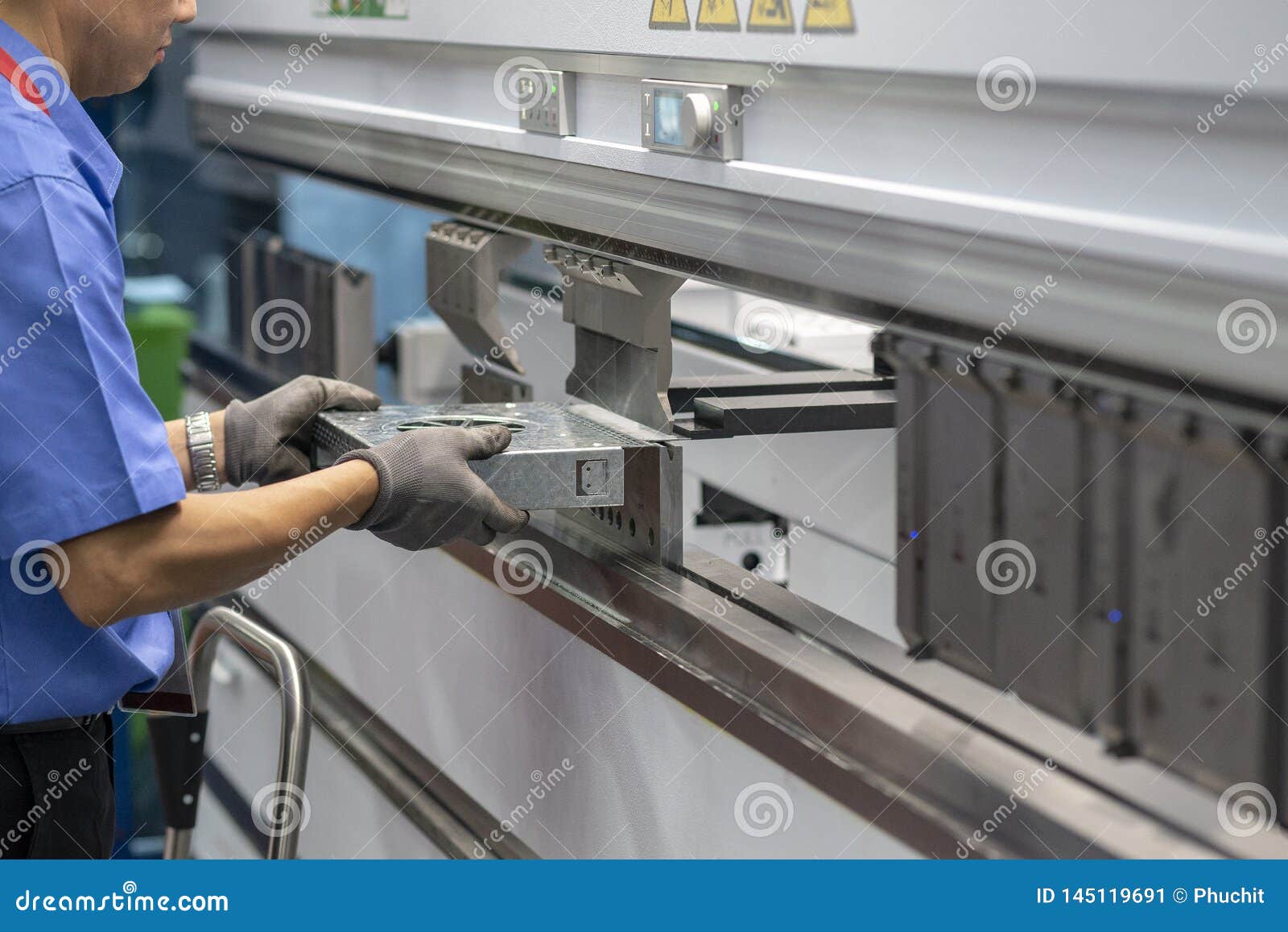 The Technician Operator Use Hydraulic Bending Machine. Stock Image