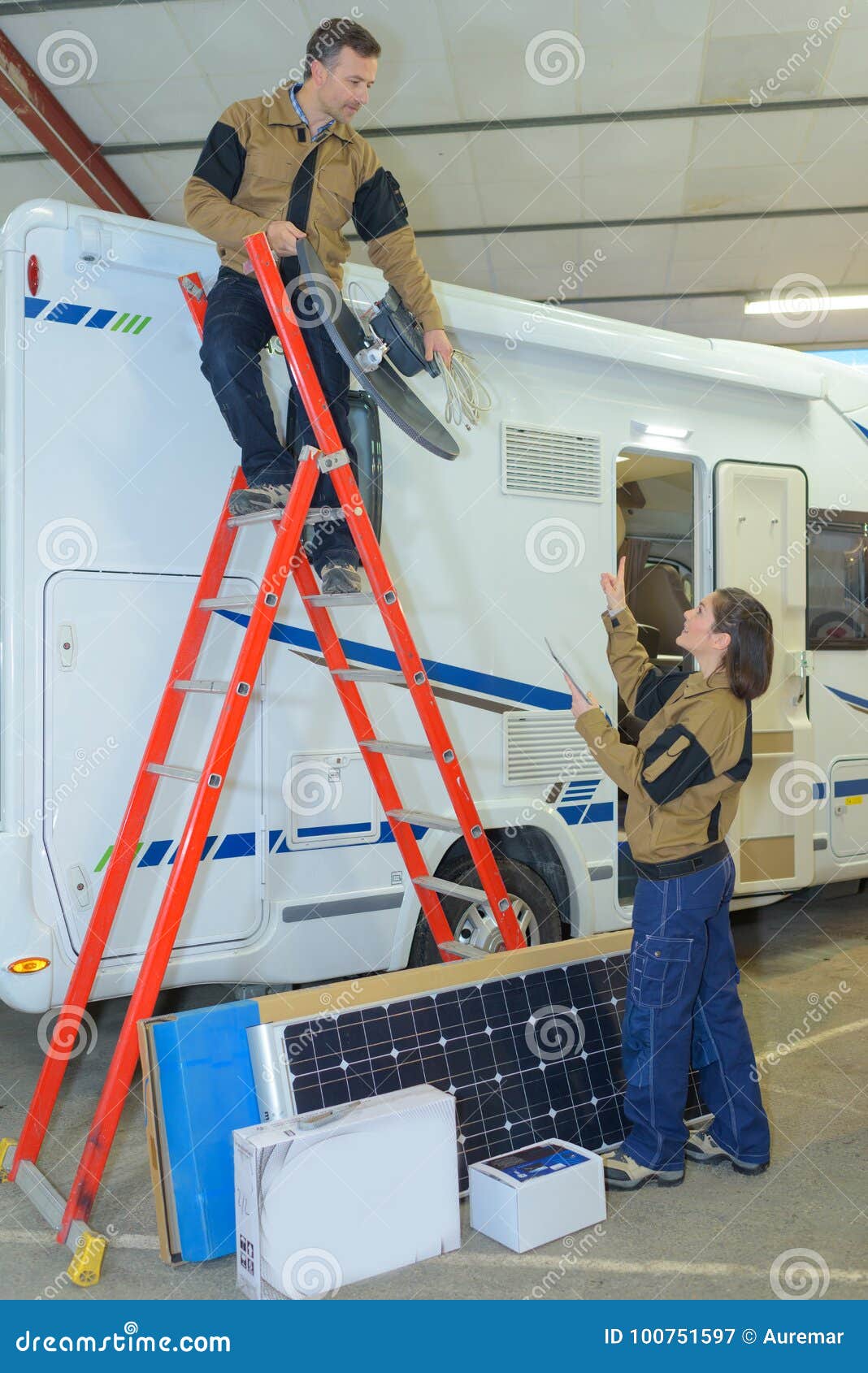 Technician Placing Antenna in Caravan Stock Image Image of moscow
