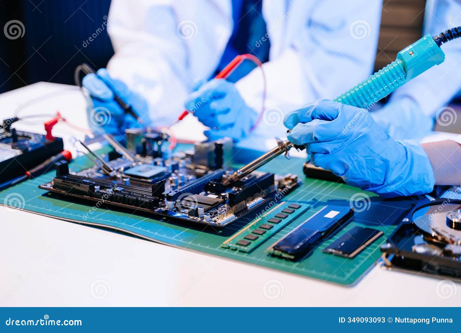 the technician is putting the cpu on the socket of the computer motherboard. electronic engineering