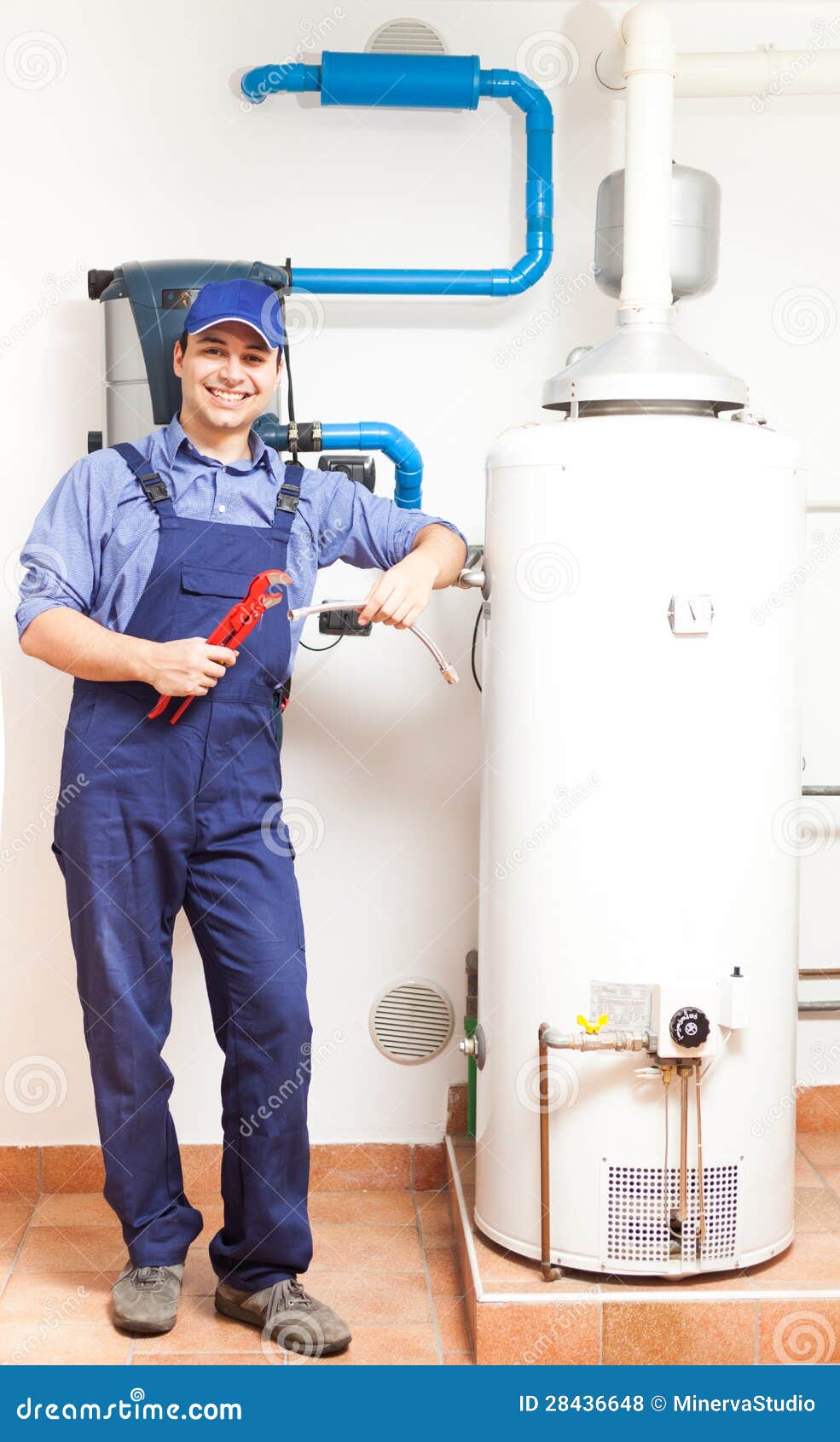 Technician Repairing an Hotwater Heater Stock Photo Image of boiler