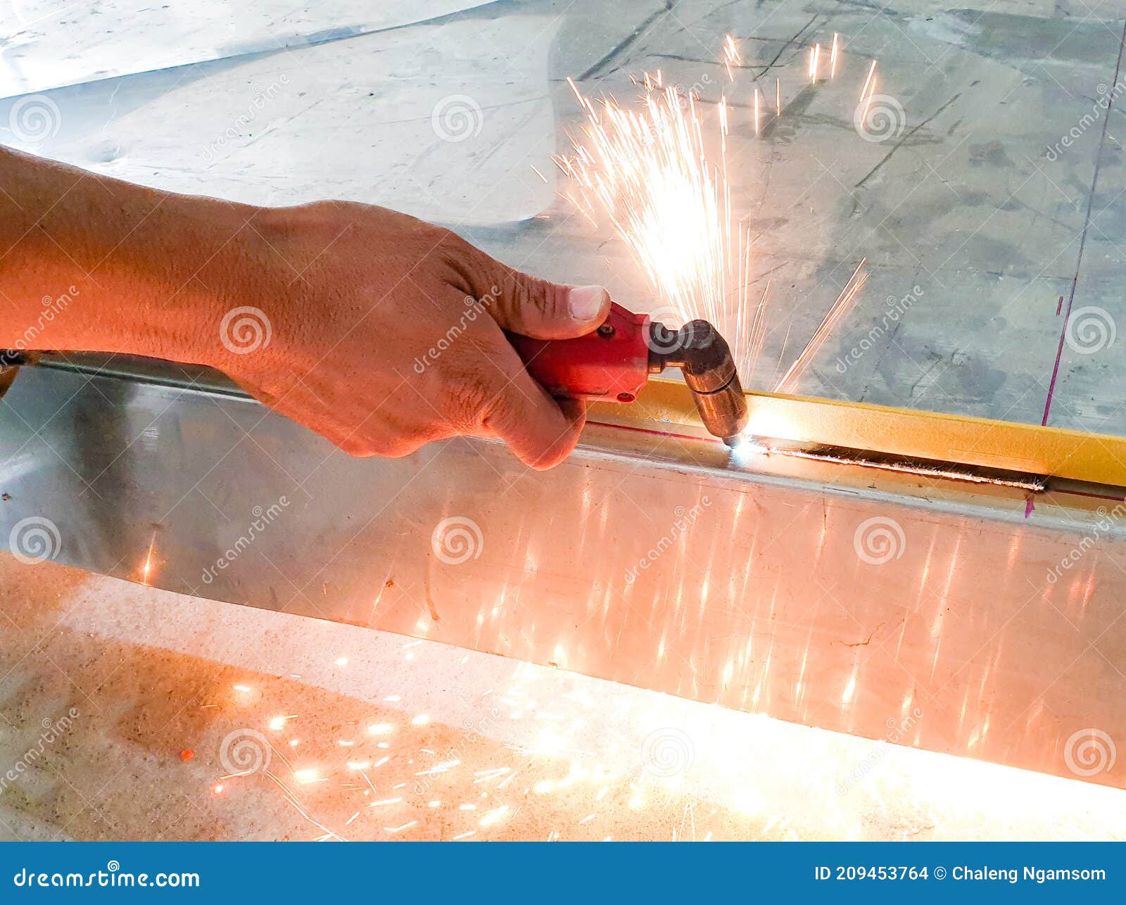 Technician Uses Plasma Cutting Stainless Steel Sheet Stock Photo
