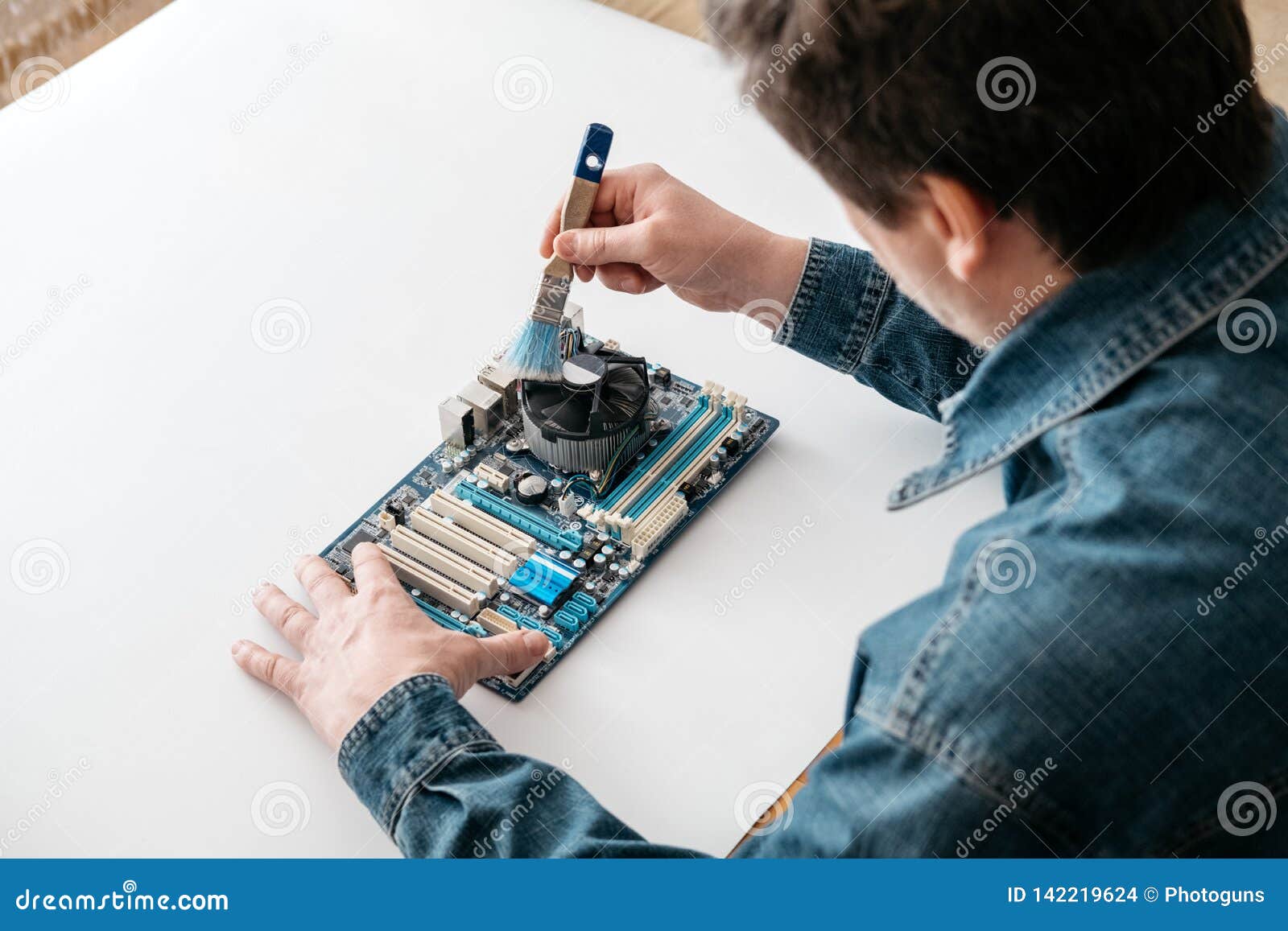 Technician Using Brush for Computer Cleaning Stock Photo Image of