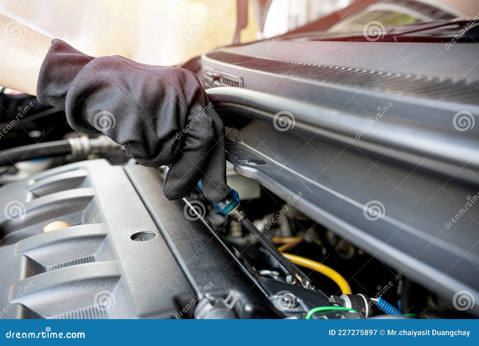 Technician Using a Screwdriver Lock Bolt of Injector Rail Fuel Pipe for