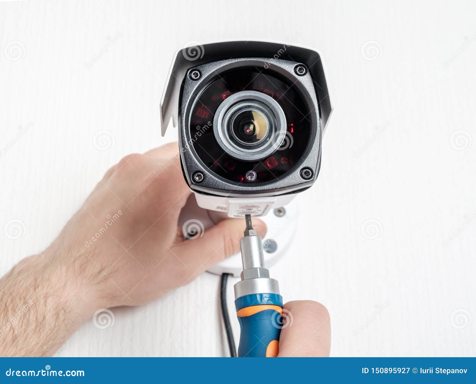 Technician Worker Installing Video CCTV Camera Stock Image Image of