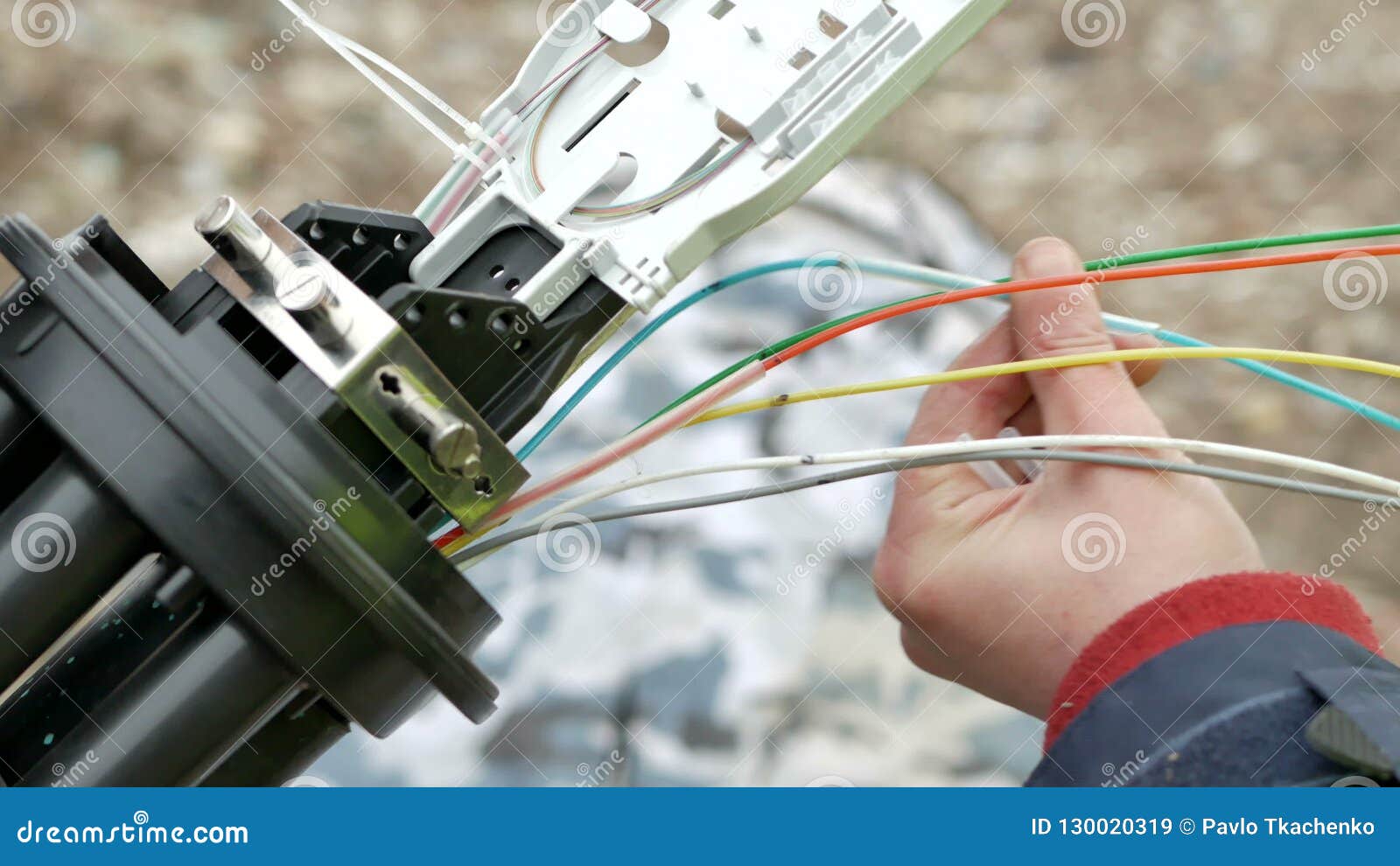 Technicians are Installing Optic Fiber with Cable Ties. Stock Image