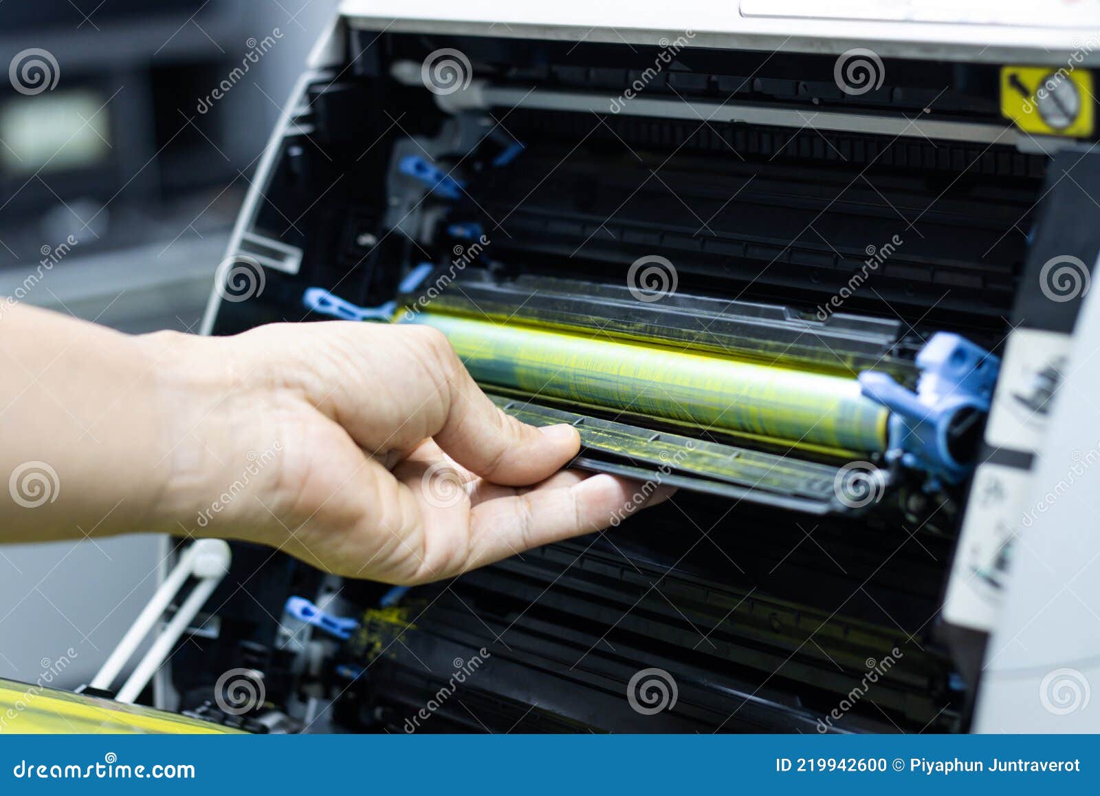 Technicians Replacing Toner in Laser Printer Concept Office Supplies