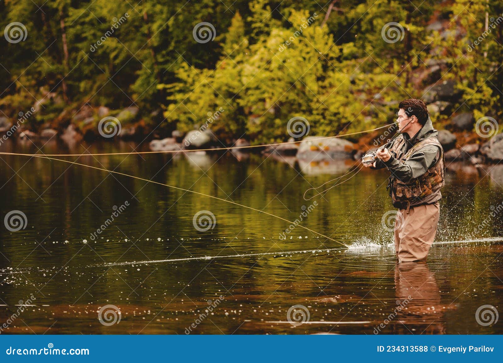 Technique for Fly Fishing in Mountain River, Instructions Stock Photo