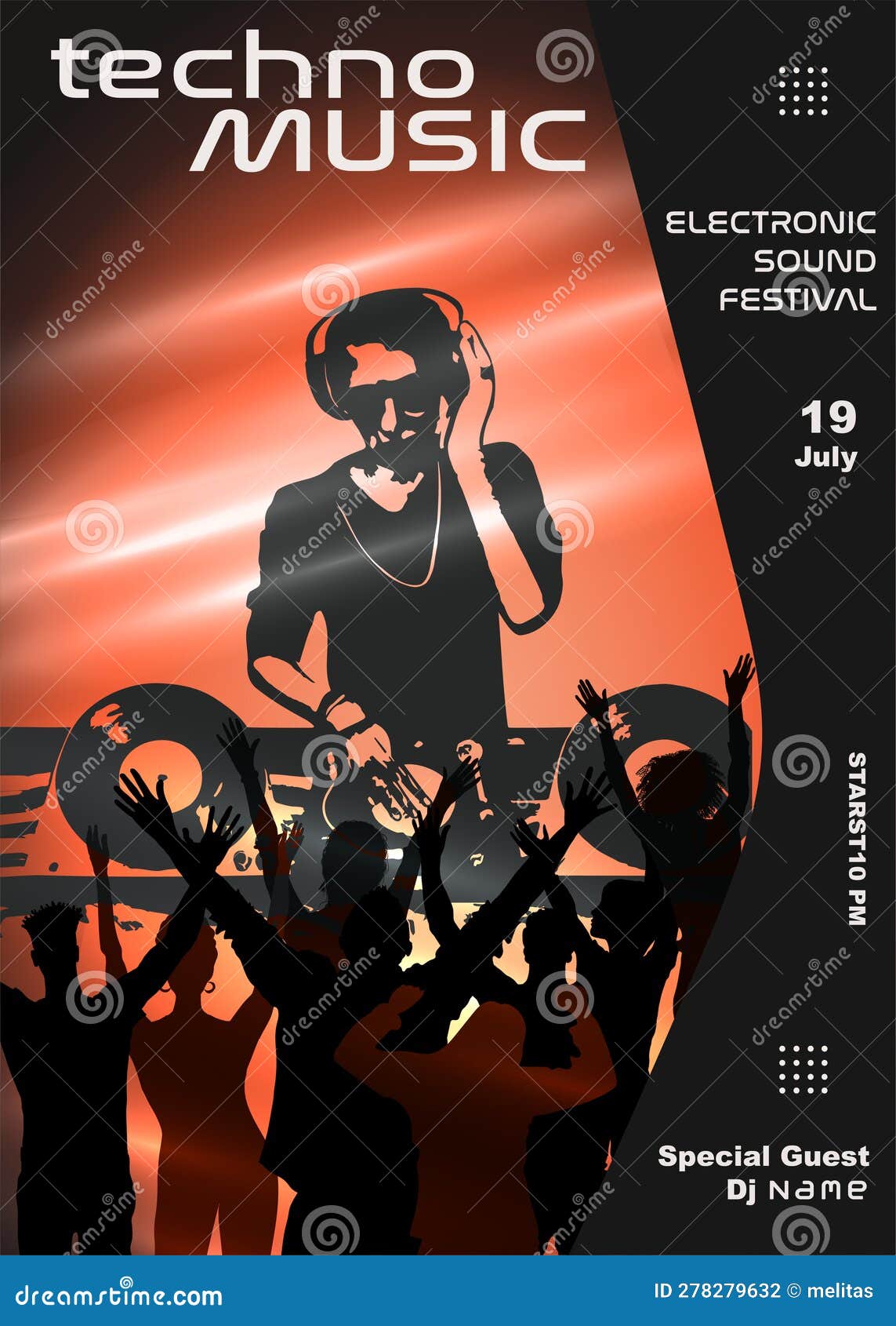 music festival event flyer poster. silhouette dj and people dancing with raised hands. graphic 