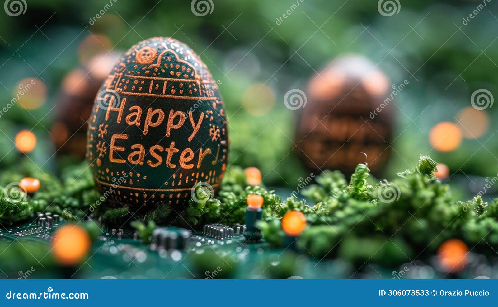 technological easter: easter eggs with easter greetings and printed circuit boards,  of progress and technological future