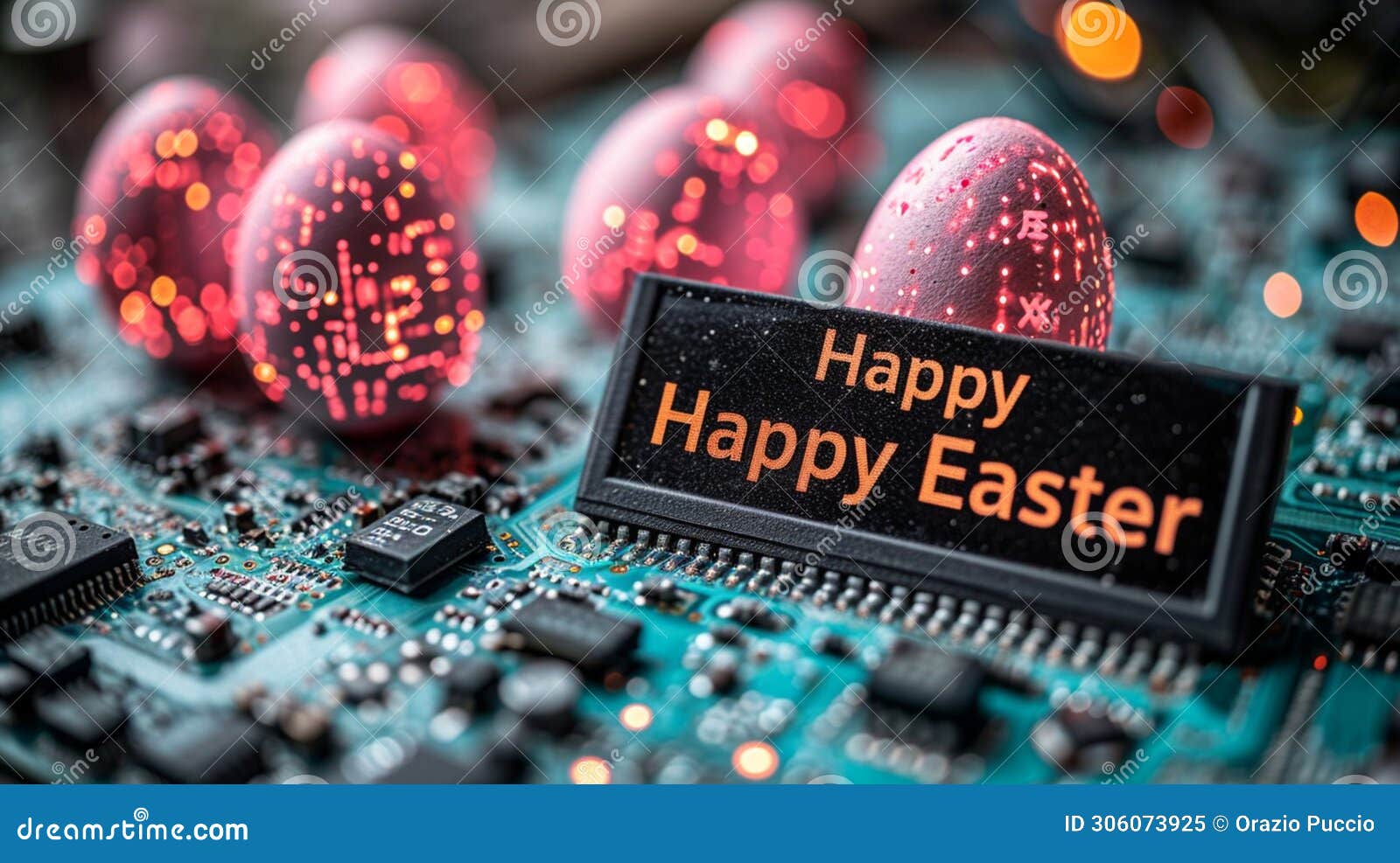 technological easter: easter eggs with easter greetings and printed circuit boards,  of progress and technological future
