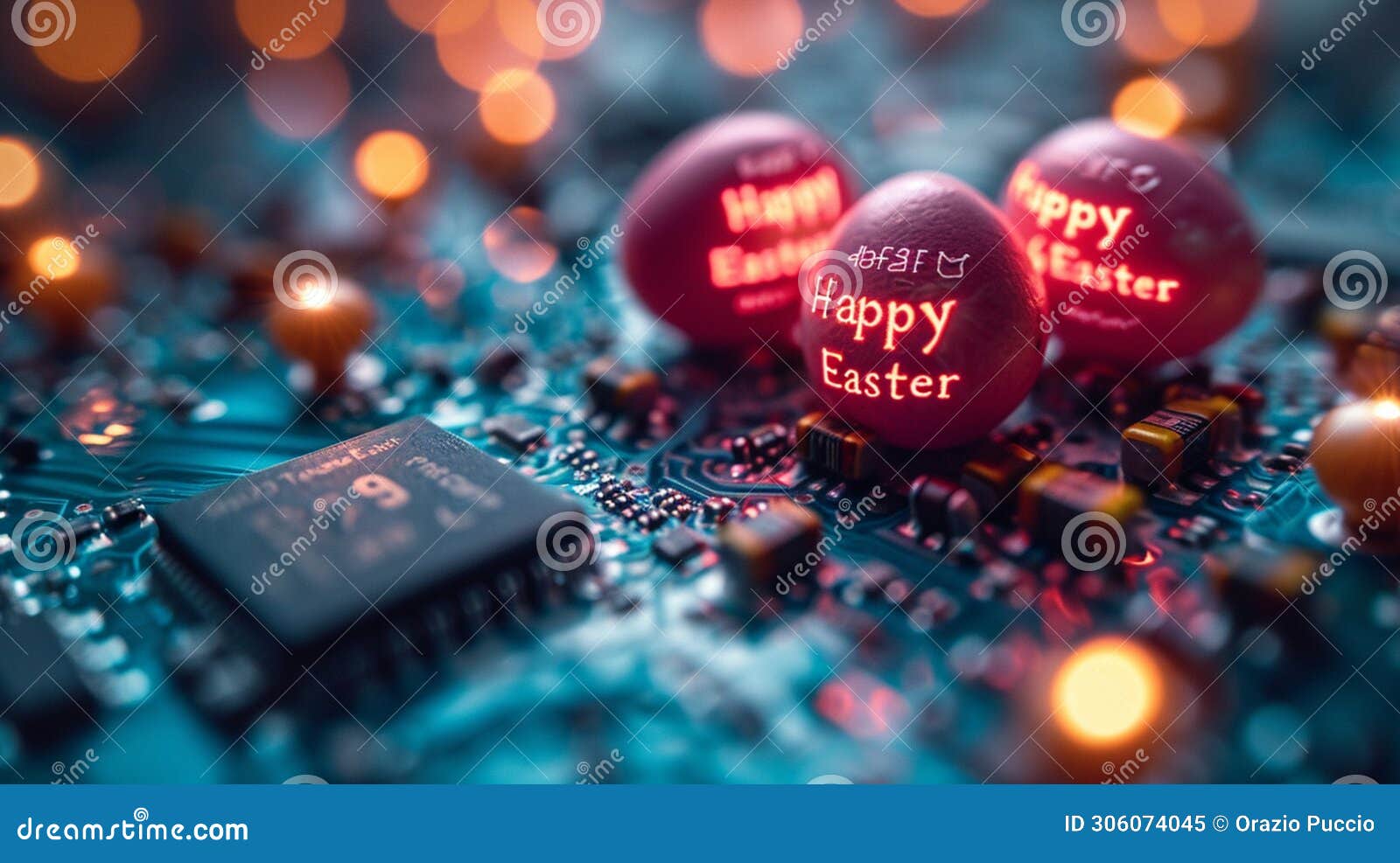 technological easter: easter eggs with easter greetings and printed circuit boards,  of progress and technological future