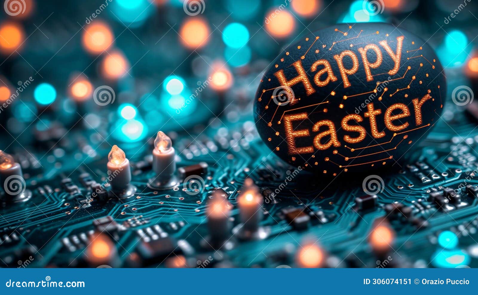 technological easter: easter eggs with easter greetings and printed circuit boards,  of progress and technological future