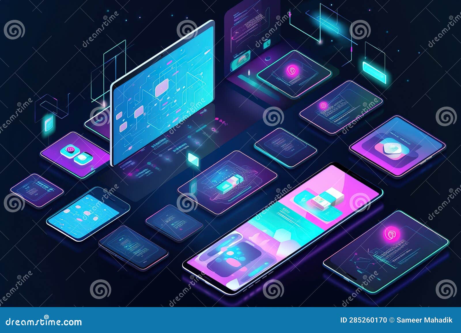 Technological Image of Devices with Purple and Blue Screen and Black