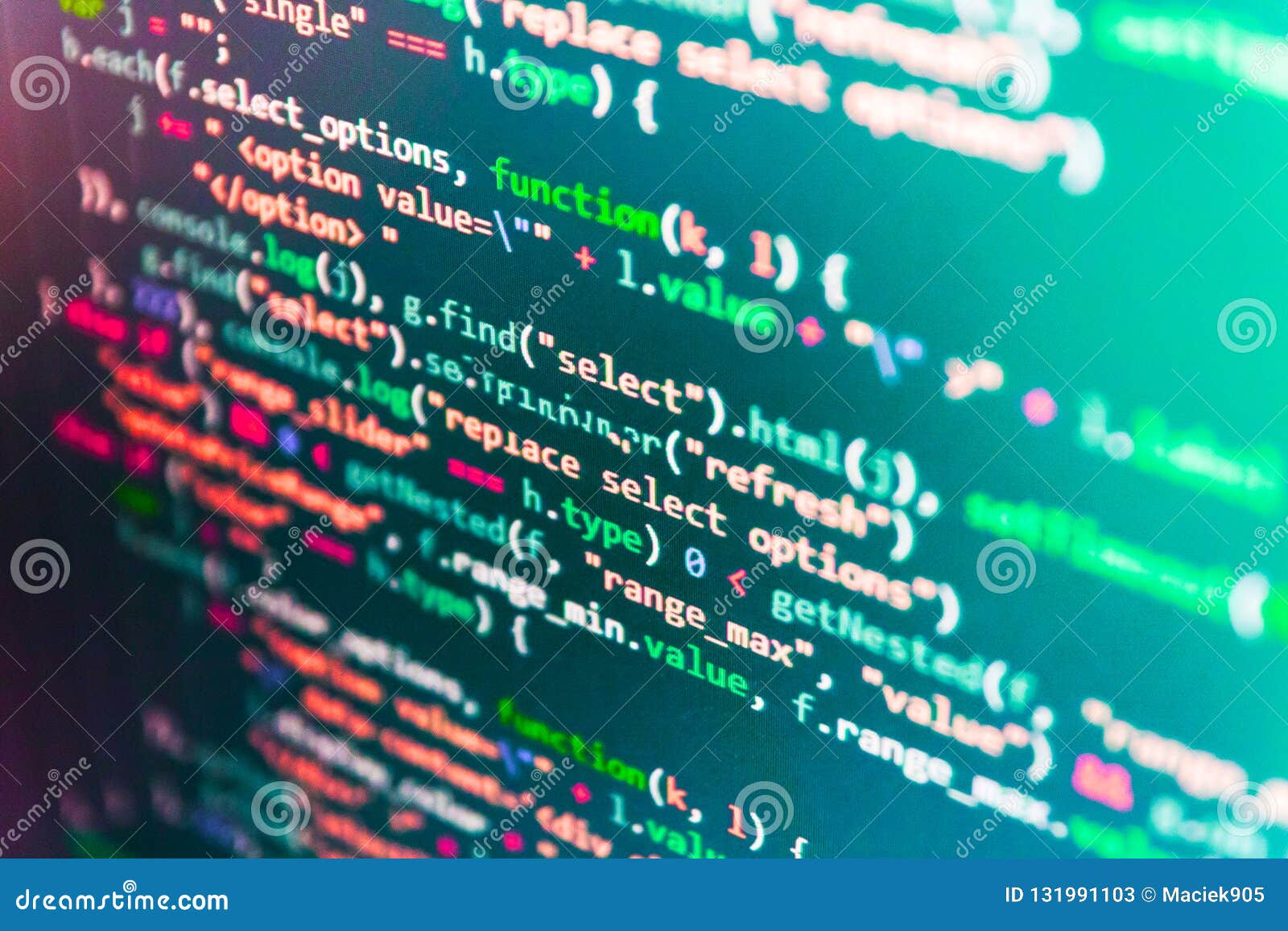 technology background. monitor closeup of function source code. www software development.