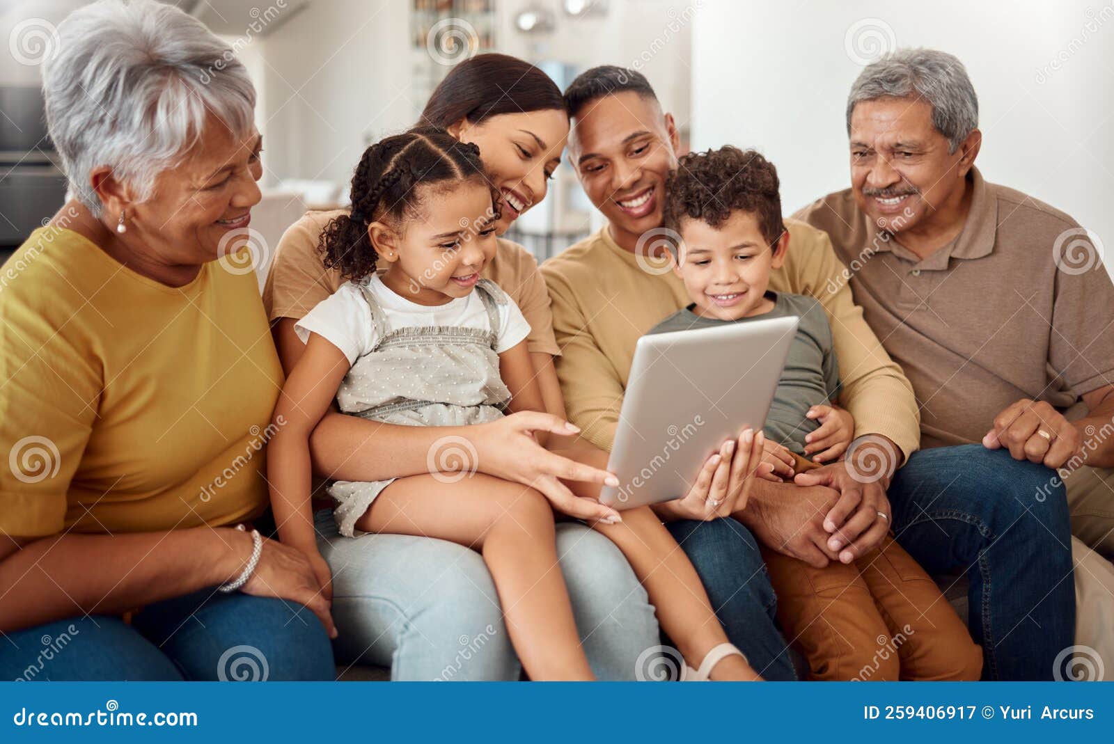 Technology, Children and Family with Tablet on Home Sofa for Elearning