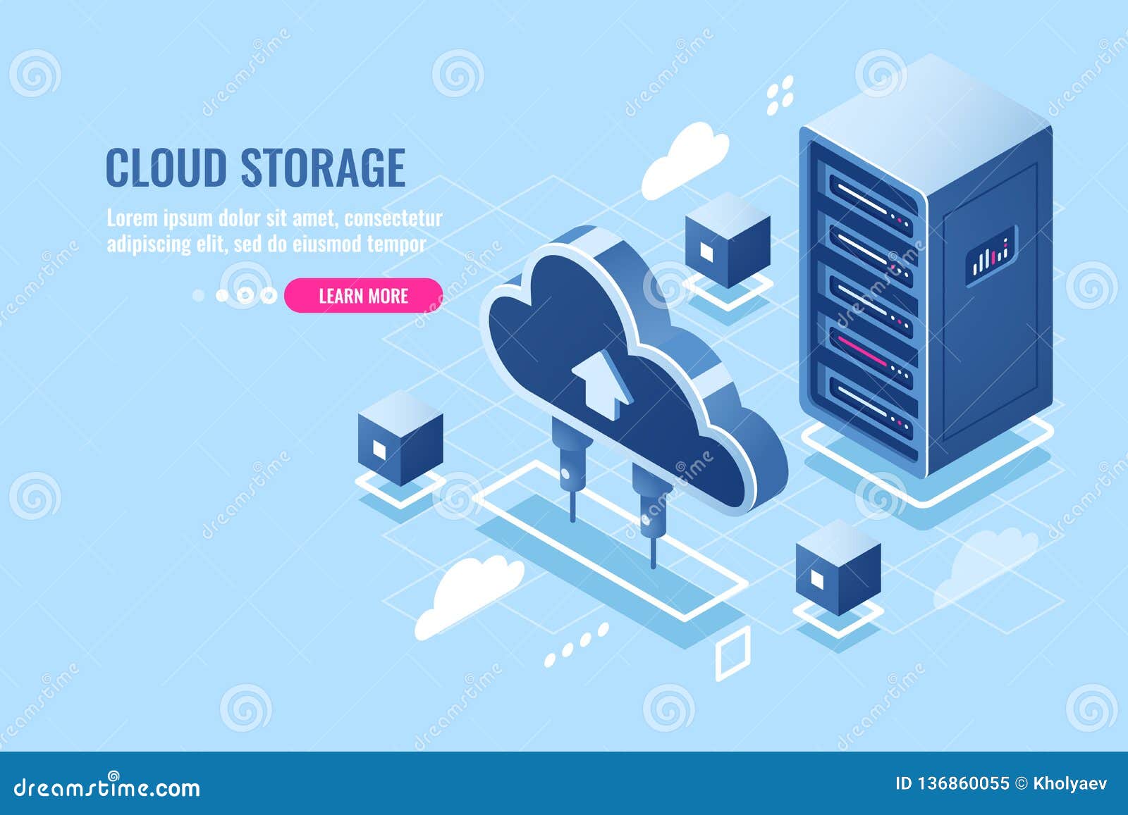 technology of cloud data storage, server room rack, database and data center isometric icon, abstract concept, download