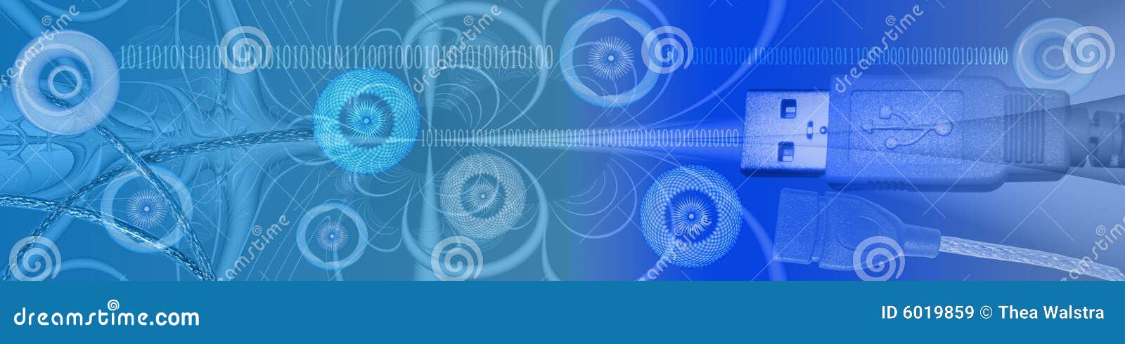 This banner / header has an abstract background with wire-like shapes. This and the circles (with beautiful graphic patterns), binary codes, cables and the usb is symbolic for Technology and connections.