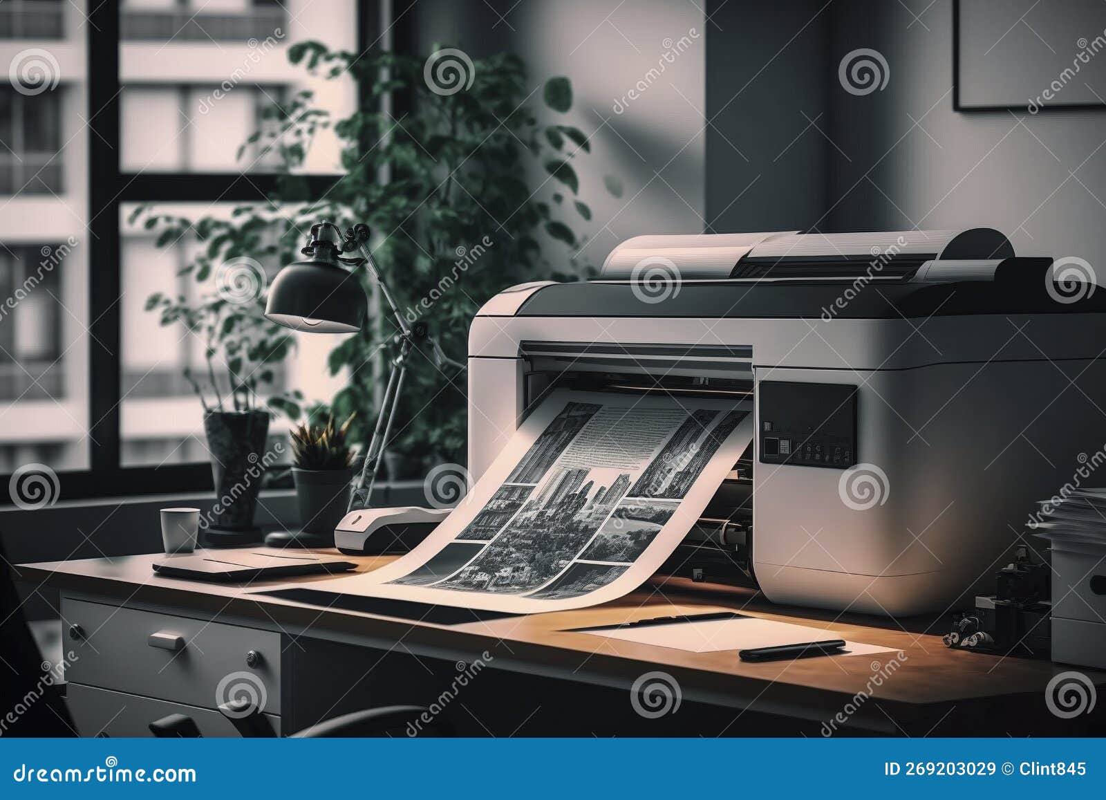Technology Enabled Office Desk with Closeup of Printer Stock