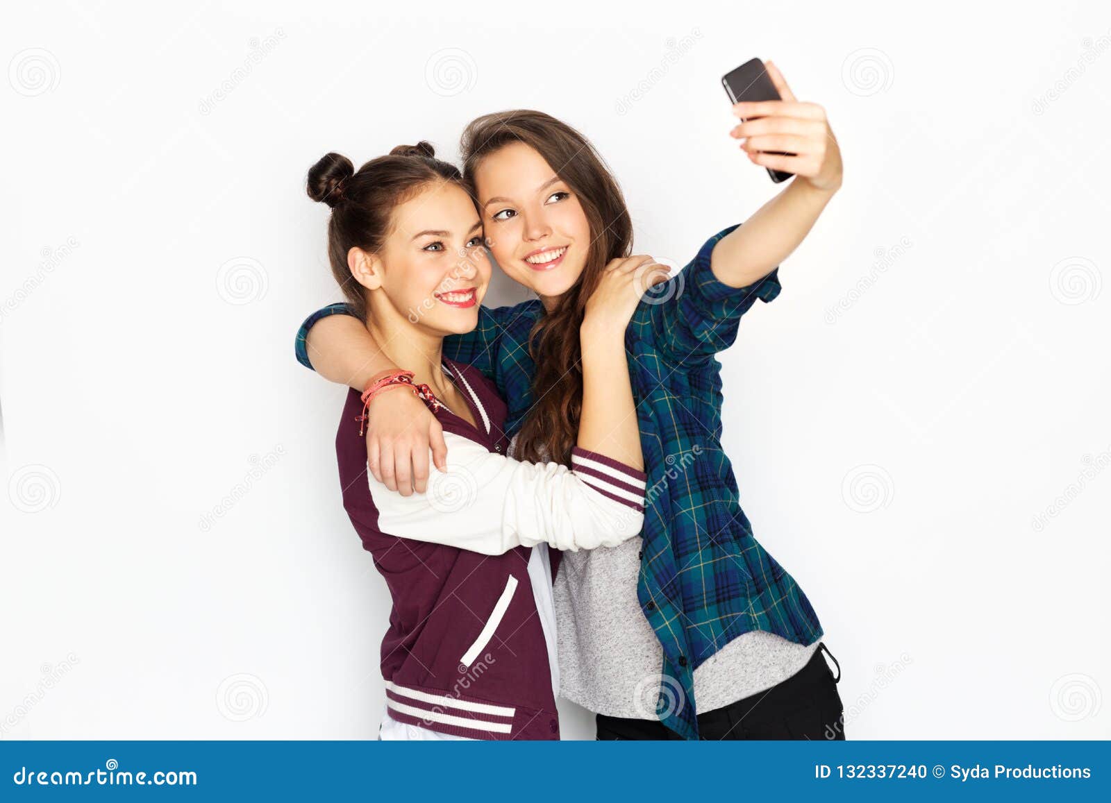 Happy Teenage Girls Taking Selfie by Smartphone Stock Photo - Image of ...