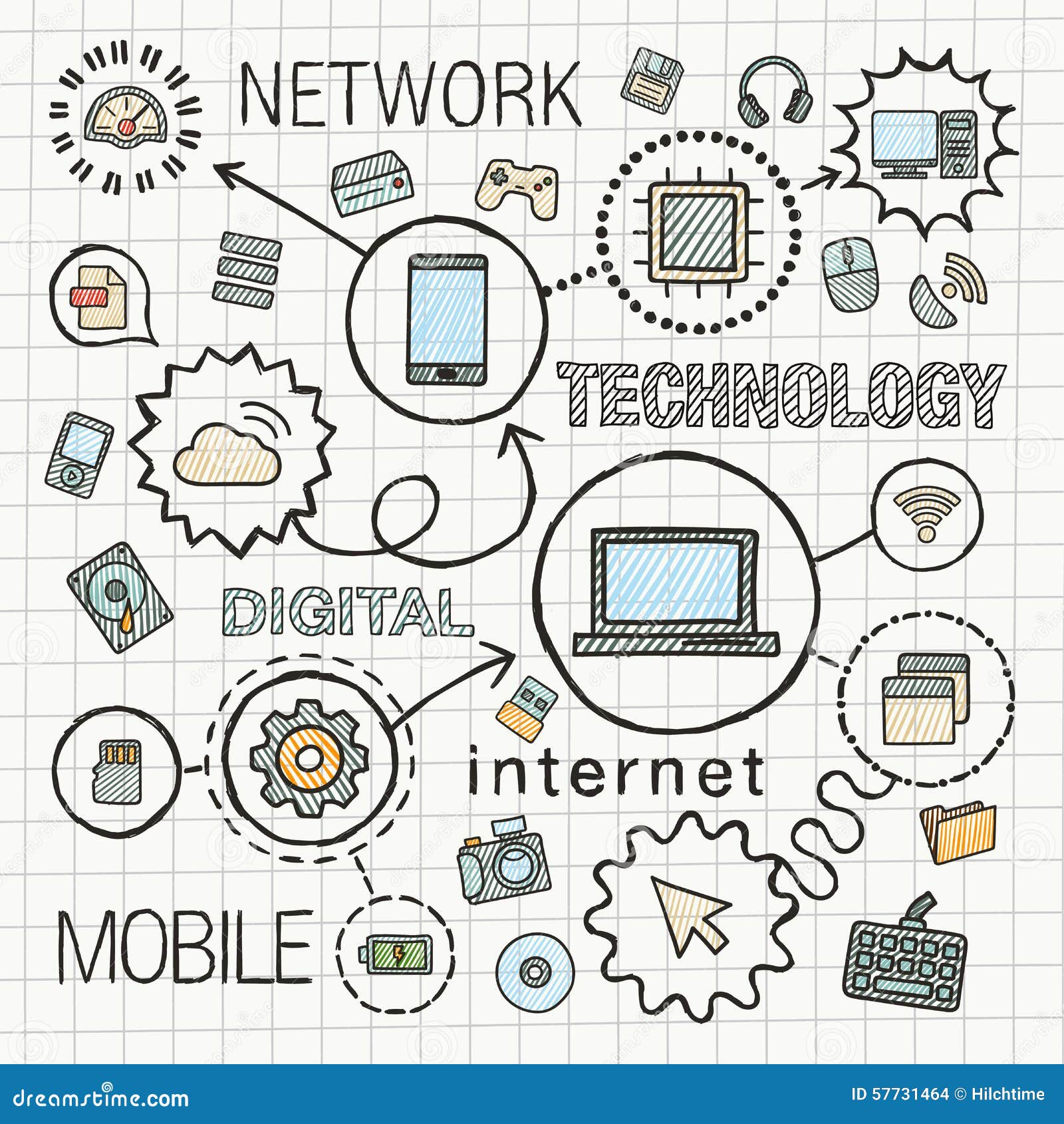 technology hand draw integrated color icons set.