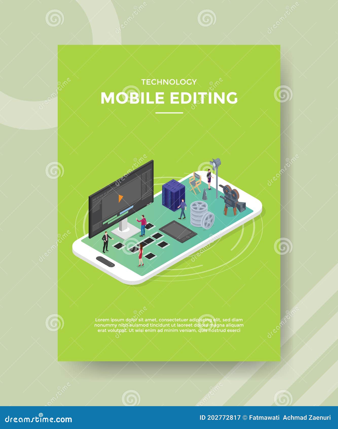 technology mobile editing people standing on smartphone screen around computer server camera strip film server for template of