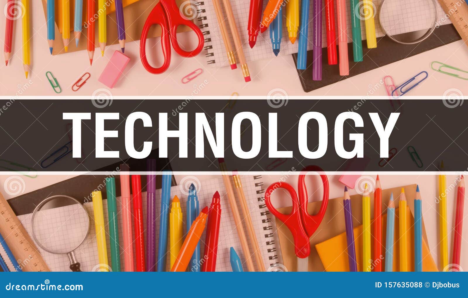 Technology with School Supplies on Blackboard Background. Technology
