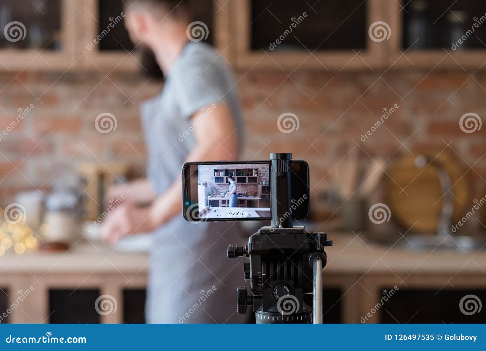 Technology Video Stream Phone Camera Man Kitchen Stock Image Image of
