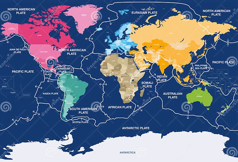 Tectonic Plates on Earth S Surface. World Map with Names of Countries