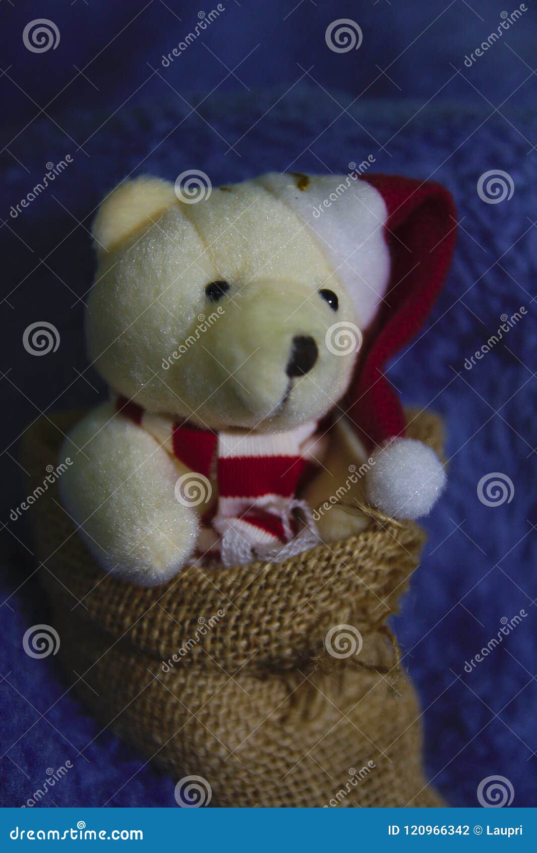 teddy bear in christmas with a yute sack