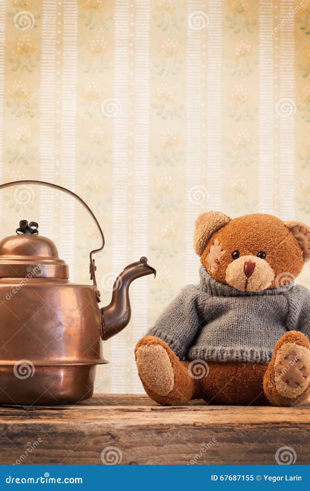 Teddy Bear and Copper Kettle on Background of Old Wallpaper Stock Image ...