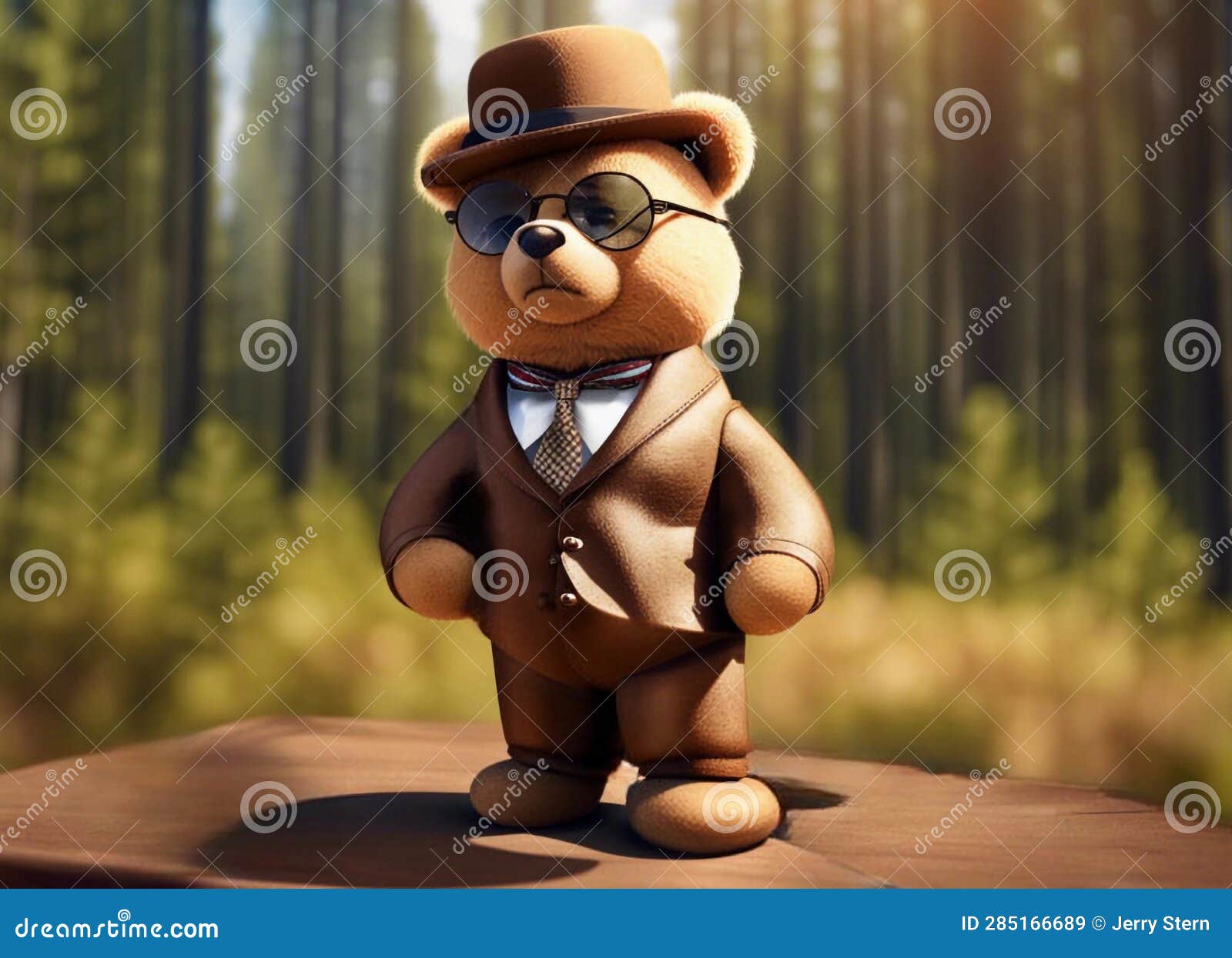 Teddy Bear Dress in a Suit, Near a Forest Stock Illustration