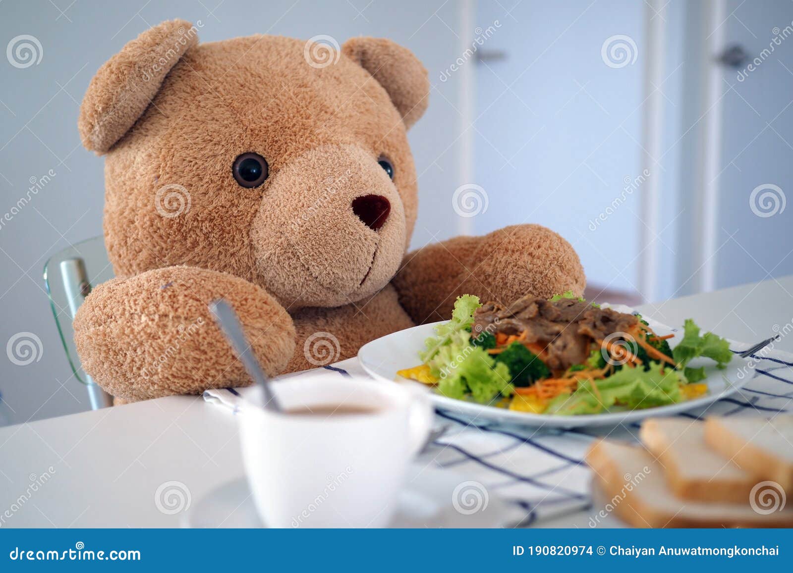 Teddy Bear Eating Breakfast at the Table in the House Stock Photo Image of love, background